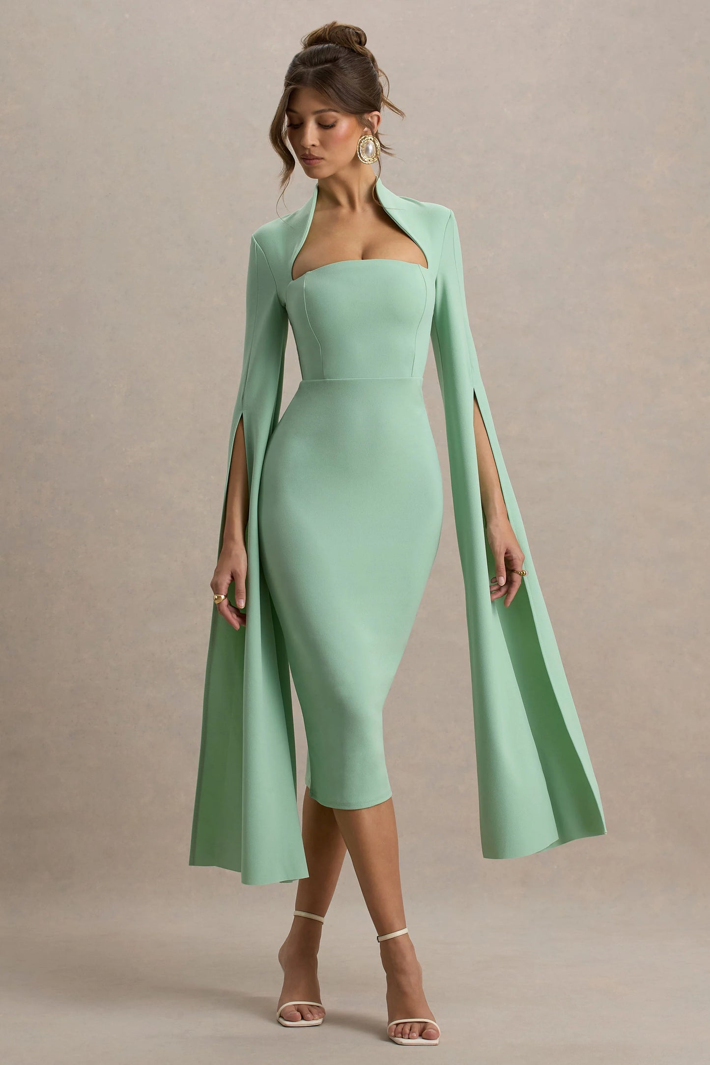 Linden Light Green Bodycon Cape-Sleeve Midi Dress