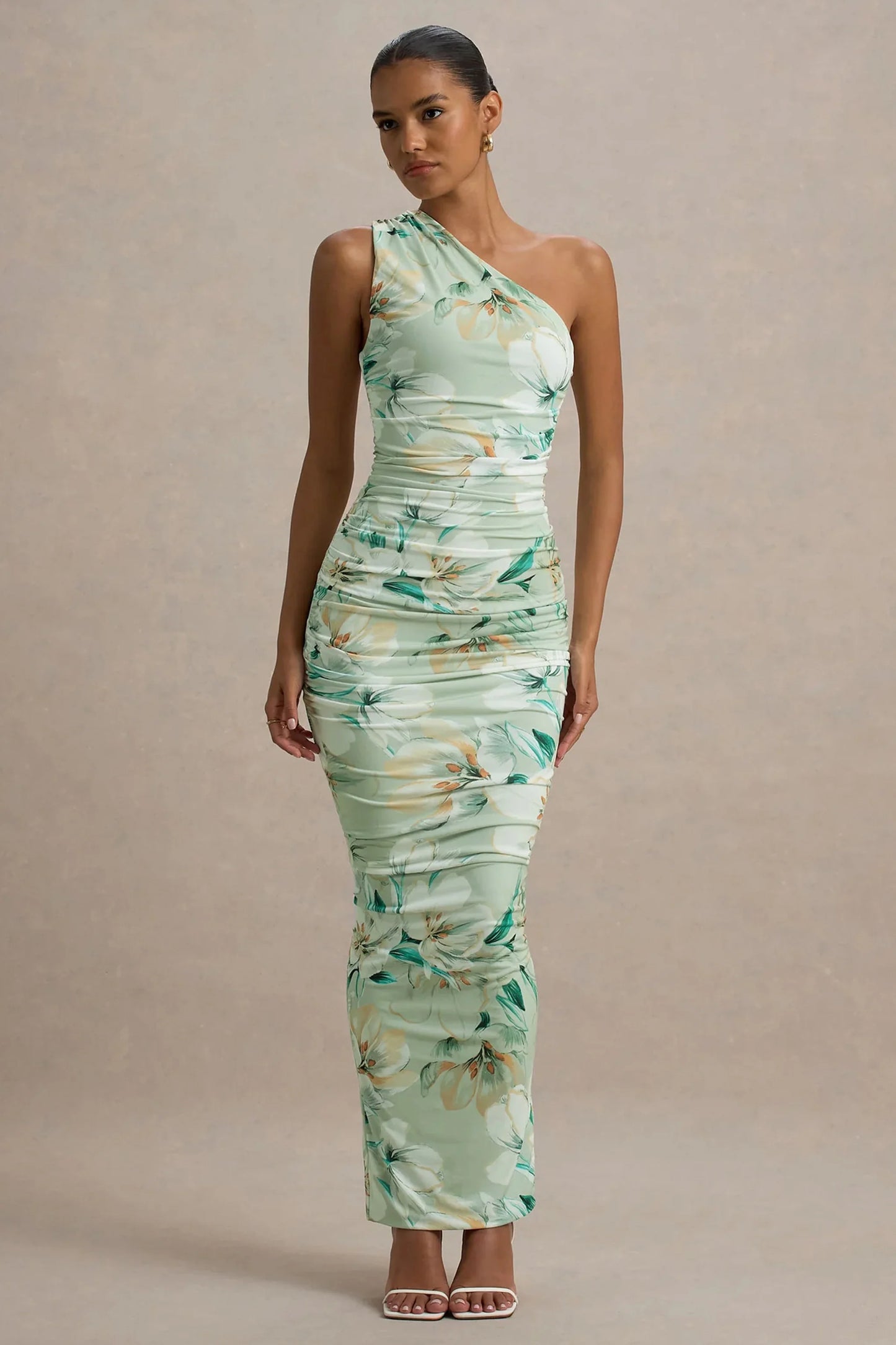 Dalarie Green Floral Print One-Shoulder Gathered Maxi Dress