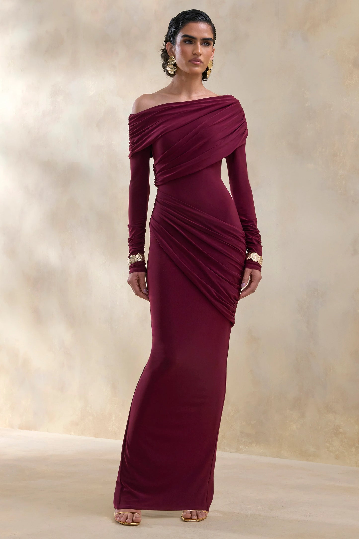 Rosirene Burgundy Asymmetric-Neck Maxi Dress With Draped-Detailing