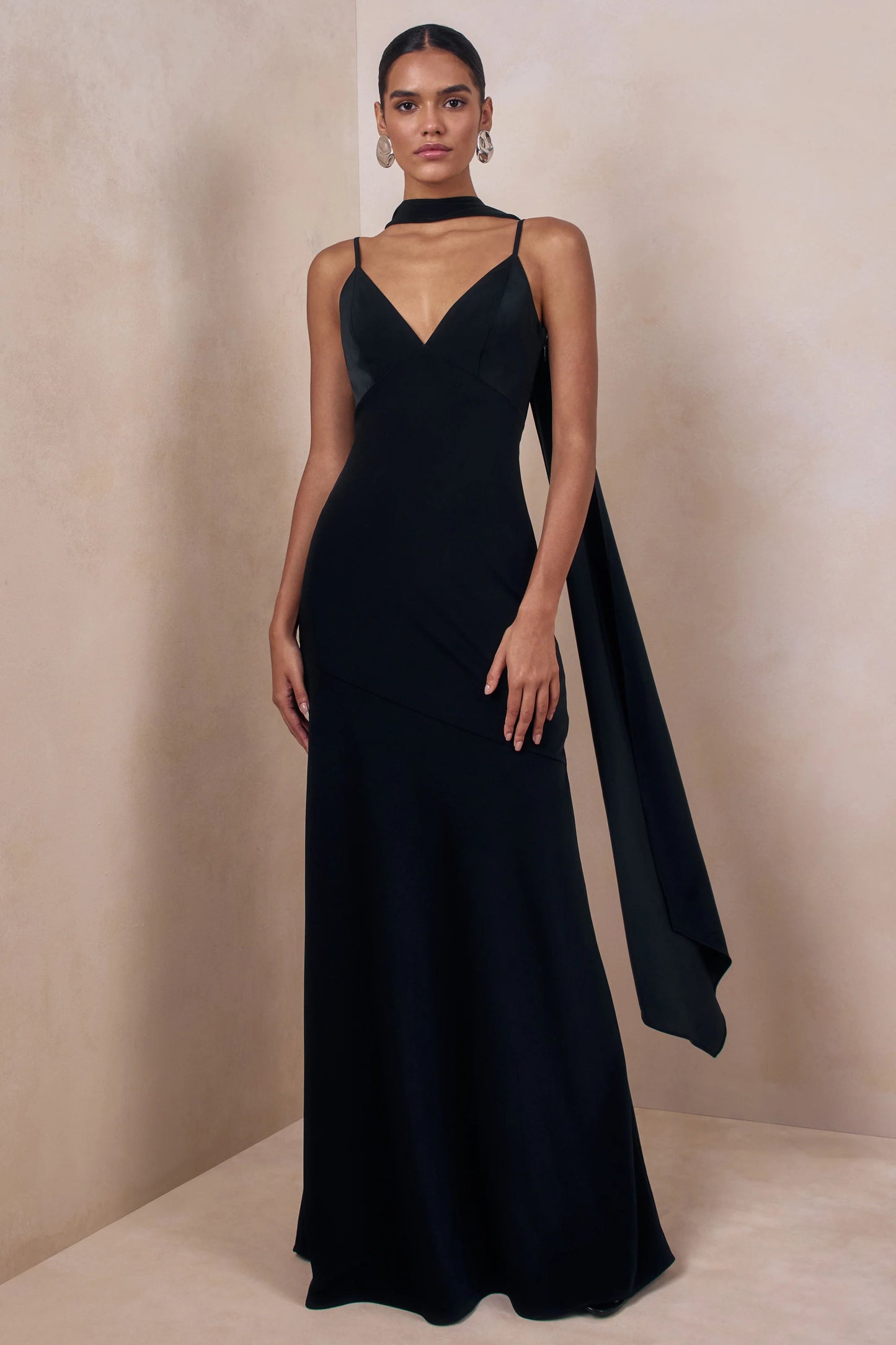 Starling Black Matte Satin Plunge-Neck Maxi Dress With Scarf-Detail