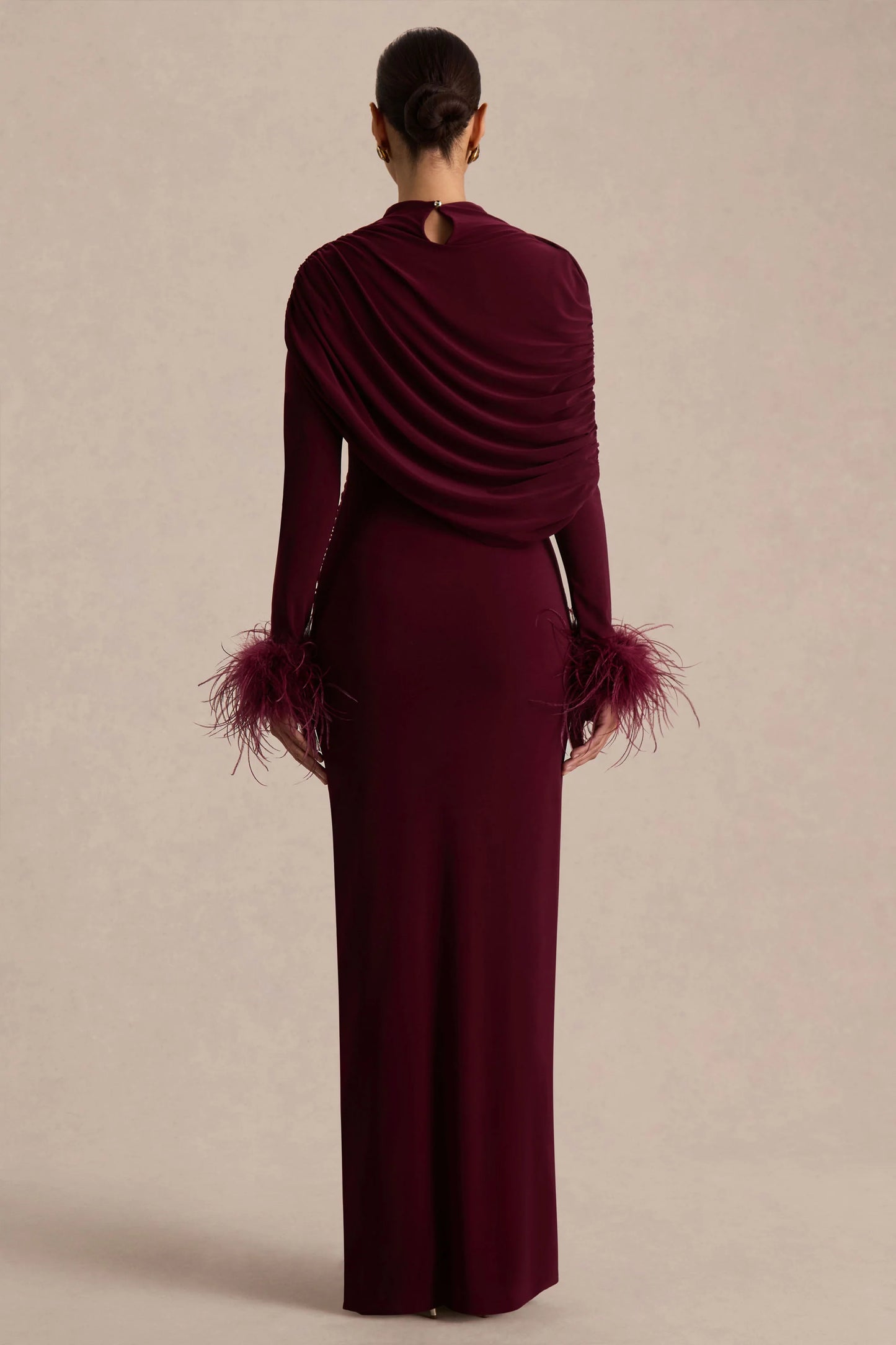 Gatsby Burgundy High-Neck Maxi Dress With Feather Trim Cuffs