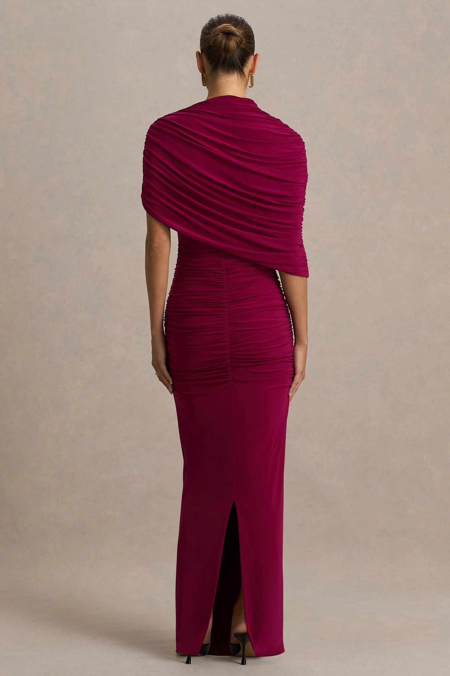 Glitz Burgundy High-Neck Maxi Dress With Cape Sleeve and Ruched Detailing