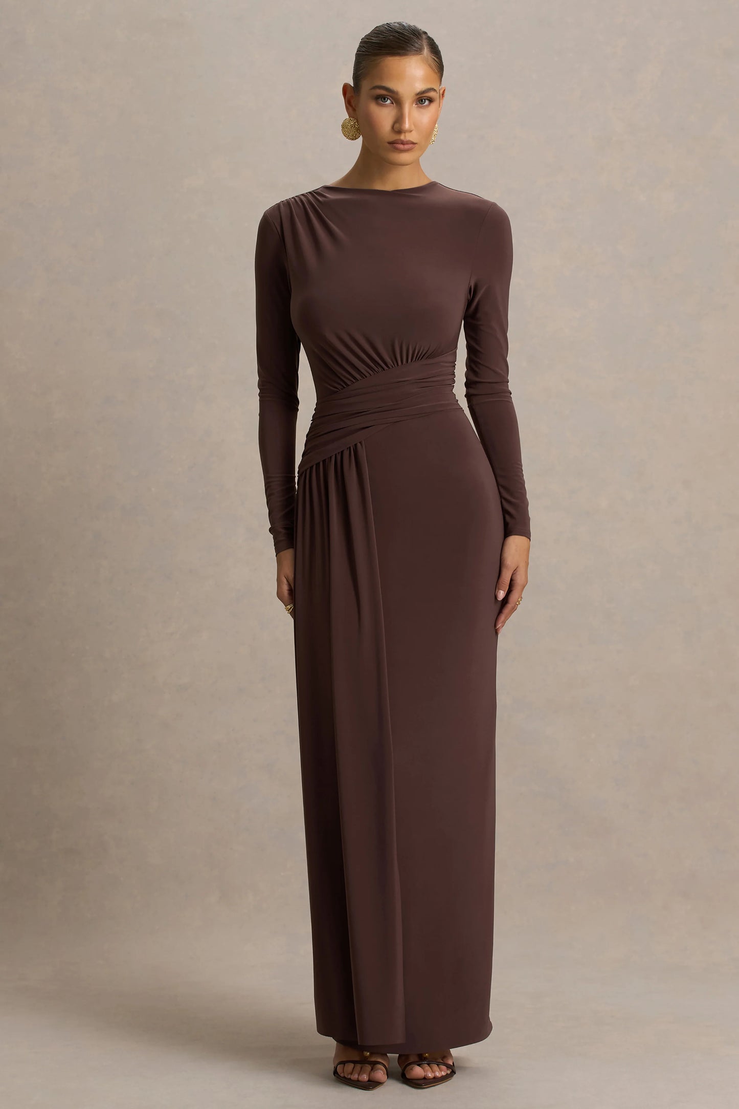 Virelle Brown Boat-Neck Maxi Dress With Wrap Detail And Sash