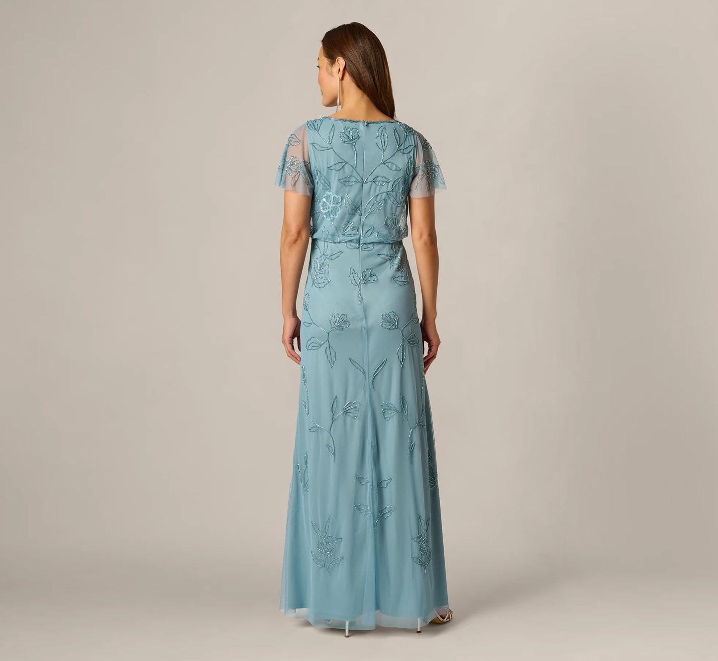 Flutter Sleeve Floral Beaded Blouson Gown In Air Sky