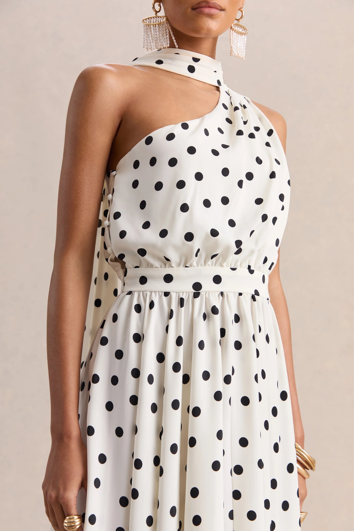 Caluna White And Black Polka Dot Satin Asymmetric-Neck Midi Dress With Scarf-Detail