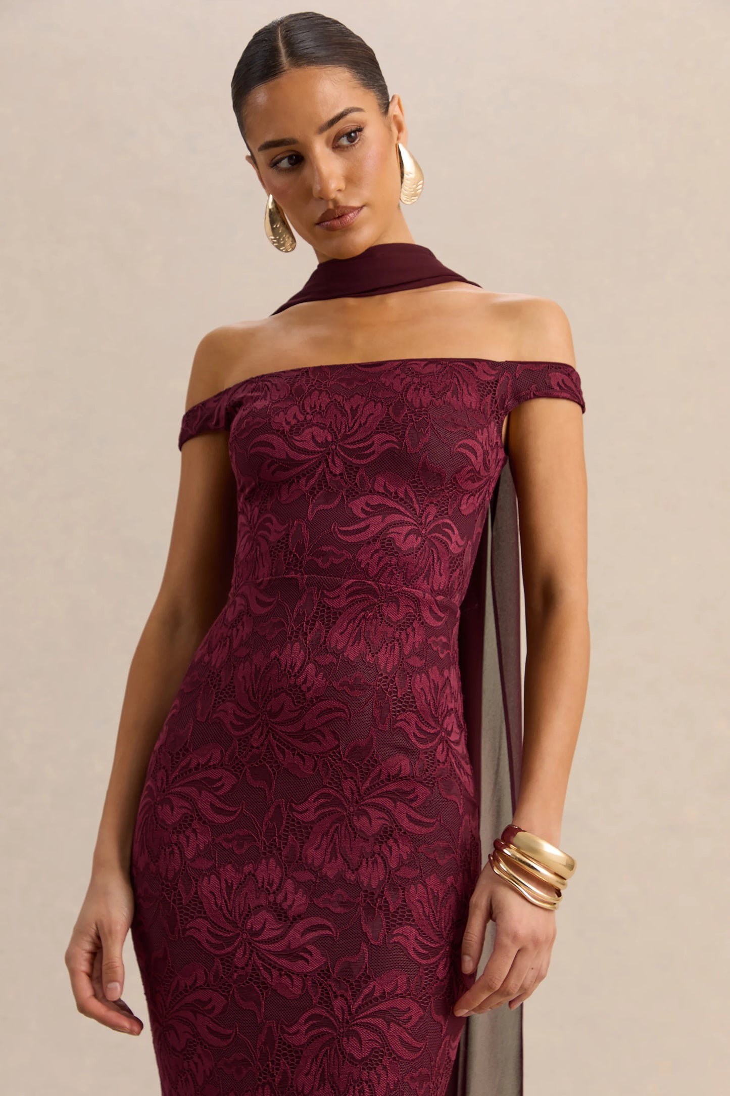 Iselle Burgundy Lace Bardot-Neck Maxi Dress With Scarf-Detail