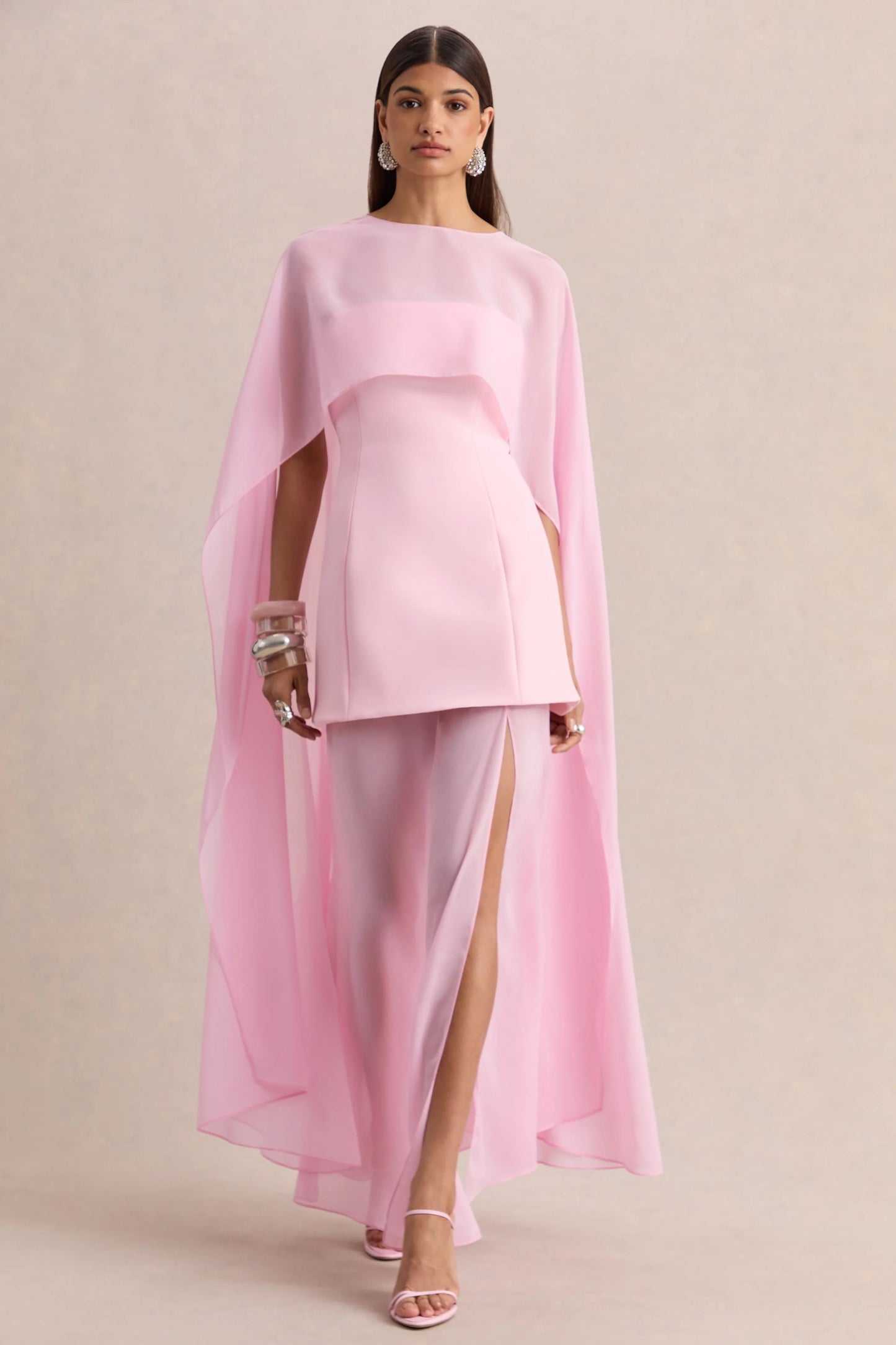 Chessa Light Pink Boat-Neck Maxi Dress With Sheer Cape