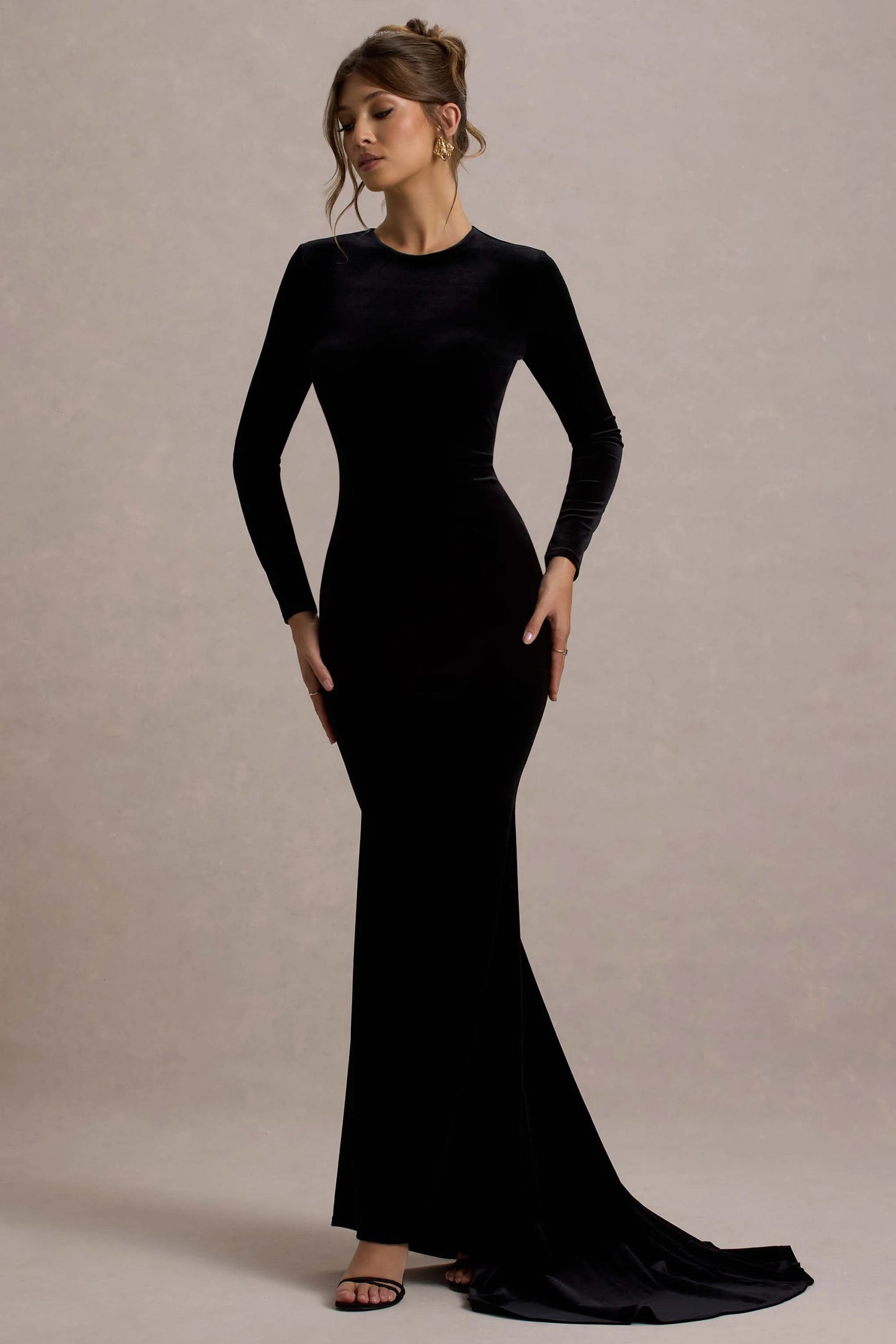 Keaton Black Velvet Long-Sleeve Open-Back Maxi Dress