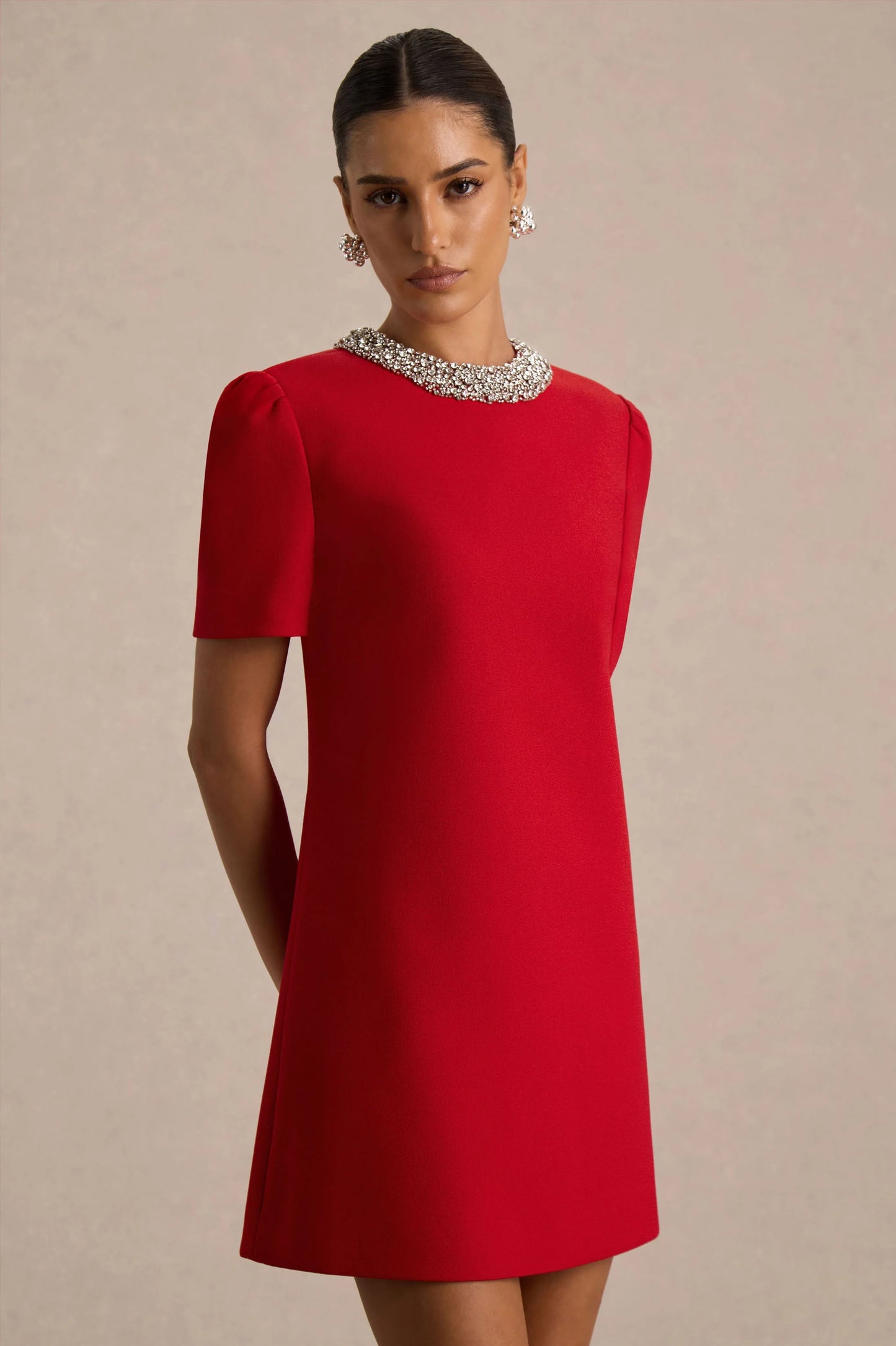 Jackie Red Embellished High-Neck Mini Dress