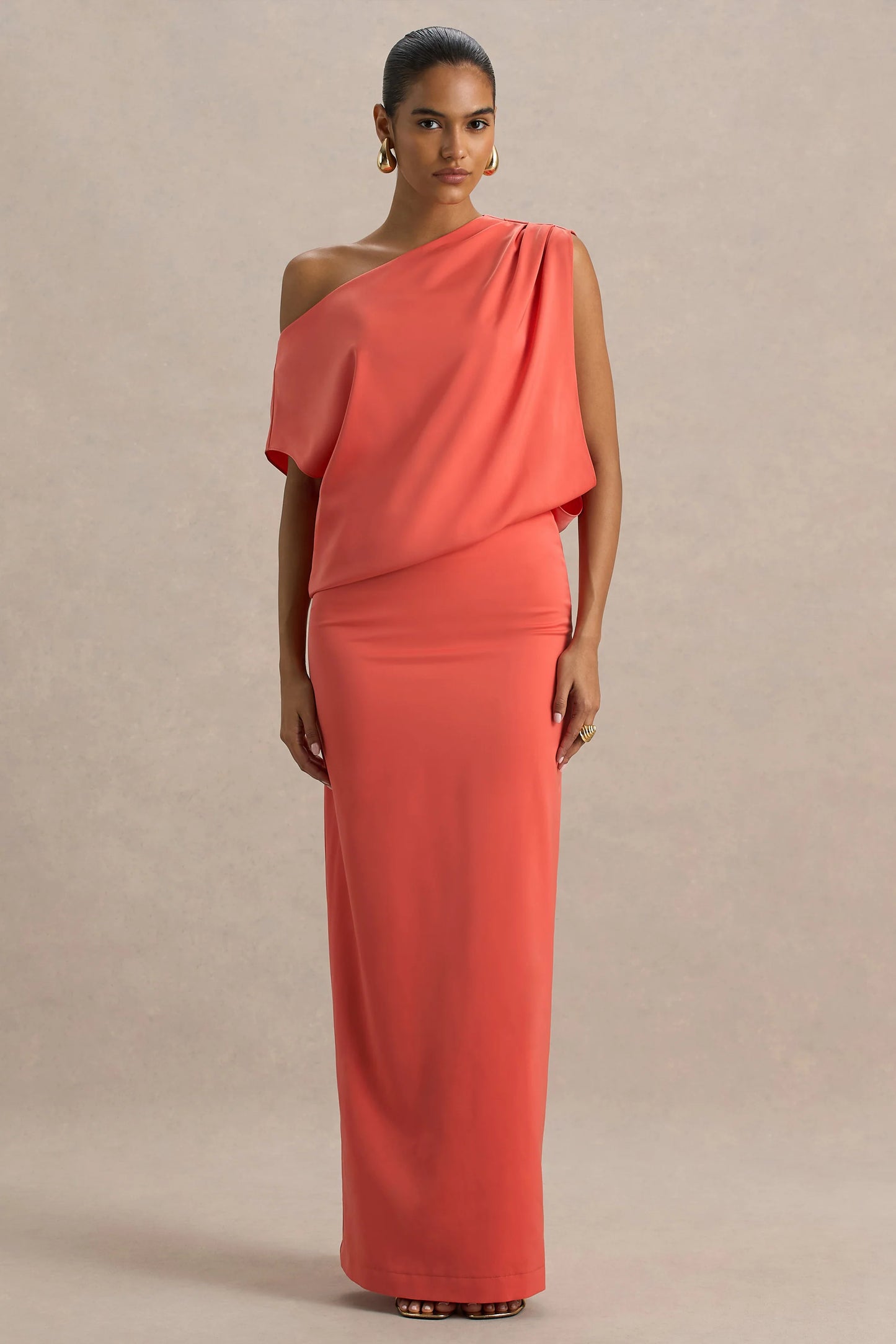 Ronnie Coral Satin Asymmetric-Neck Maxi Dress With Draping Detail