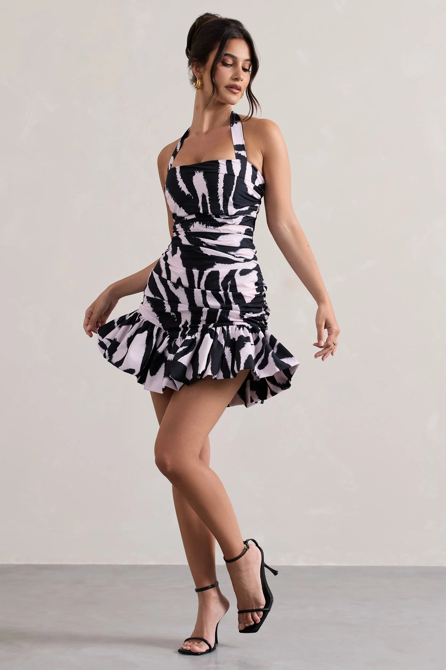 Zahra Zebra Print Halter-Neck Ruched Mini Dress With Ruffle Hem