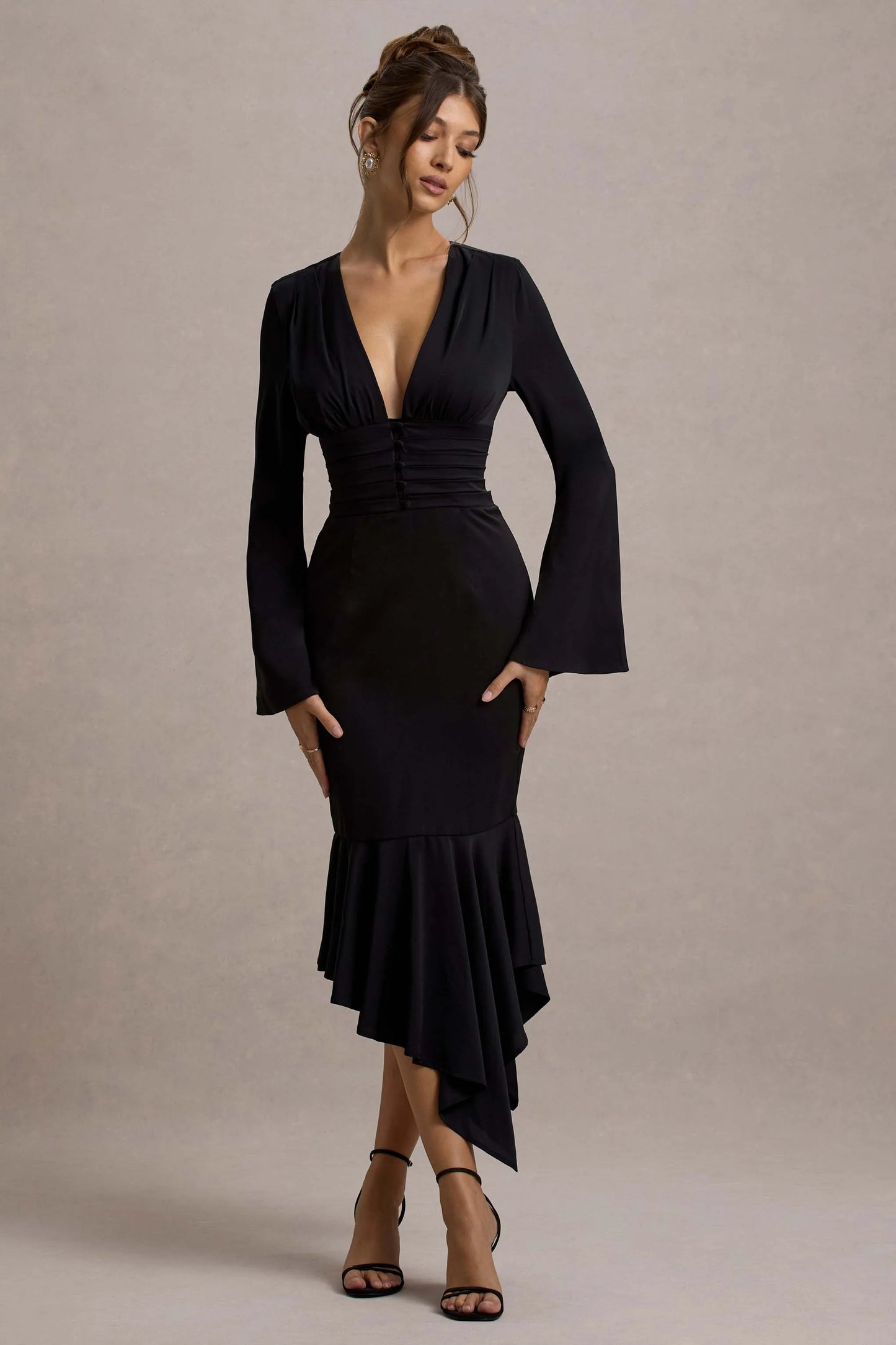 Rehna Black Plunge-Neck Bell-Sleeve Midi Dress