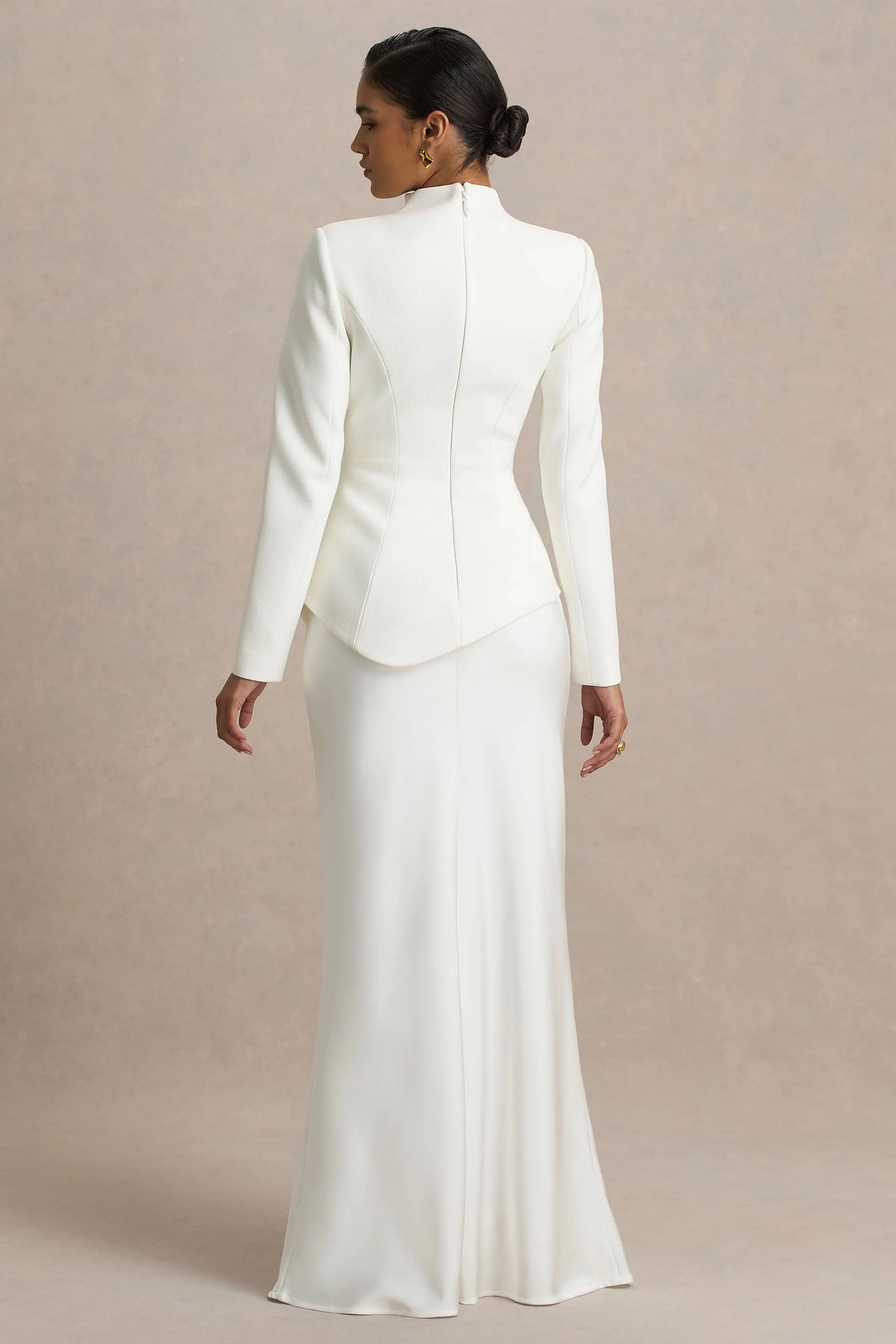 Pepita Cream High-Neck Tailored Maxi Dress With Drop-Waist And Satin Skirt