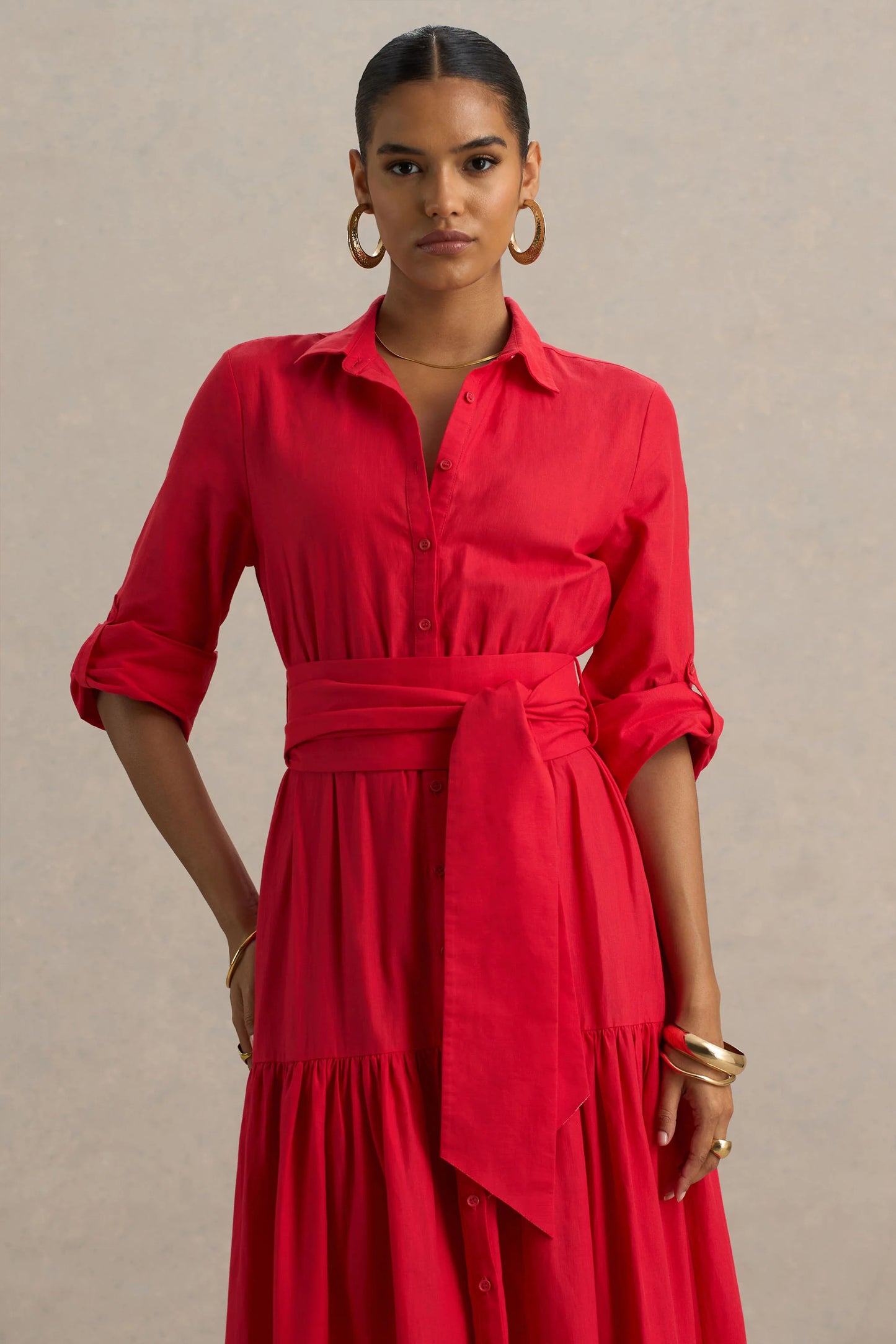 Sydney Red Belted Maxi Shirt Dress