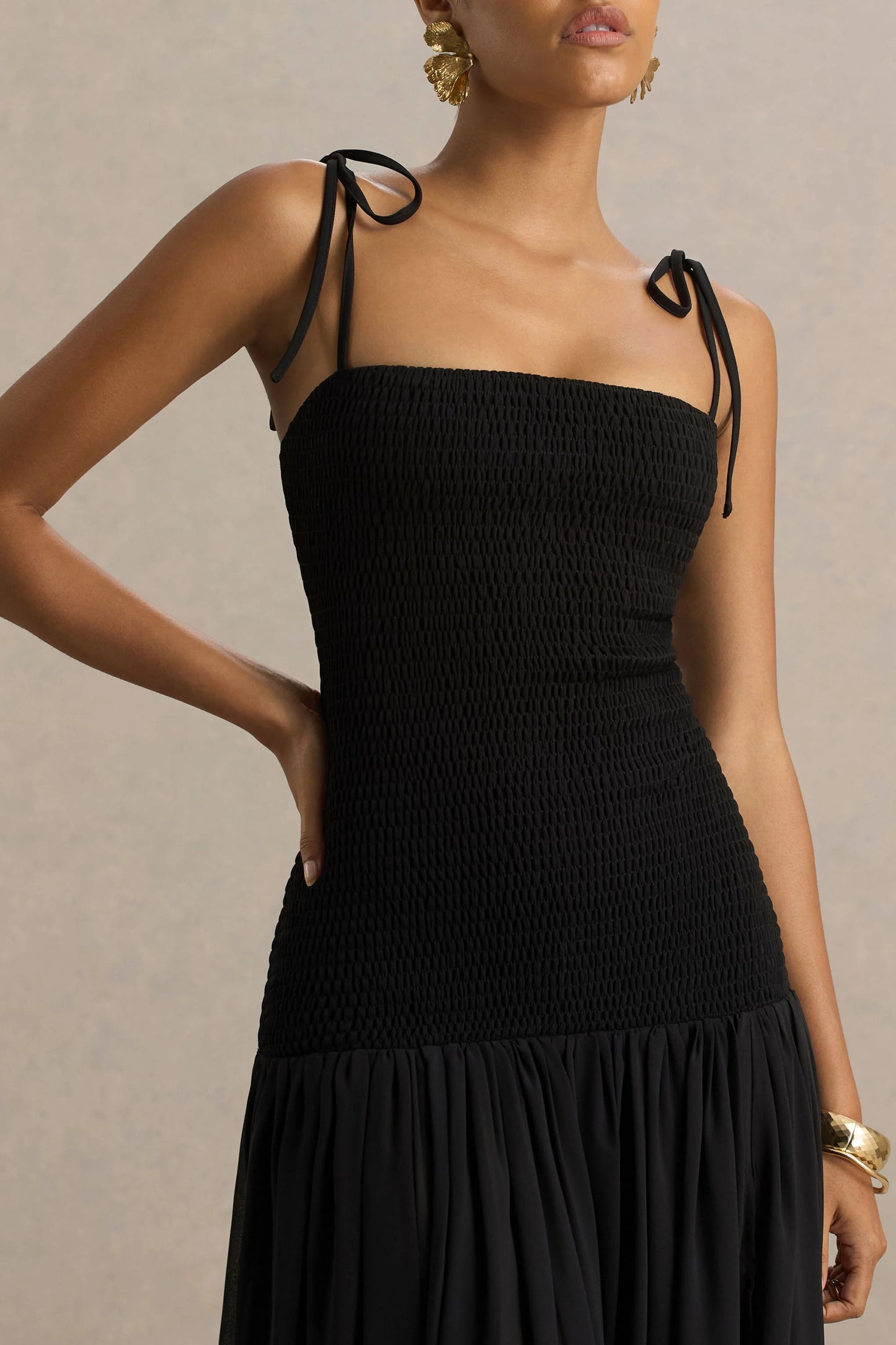 Maeva Black Square-Neck Fishtail Maxi Dress With Ruched Detailing