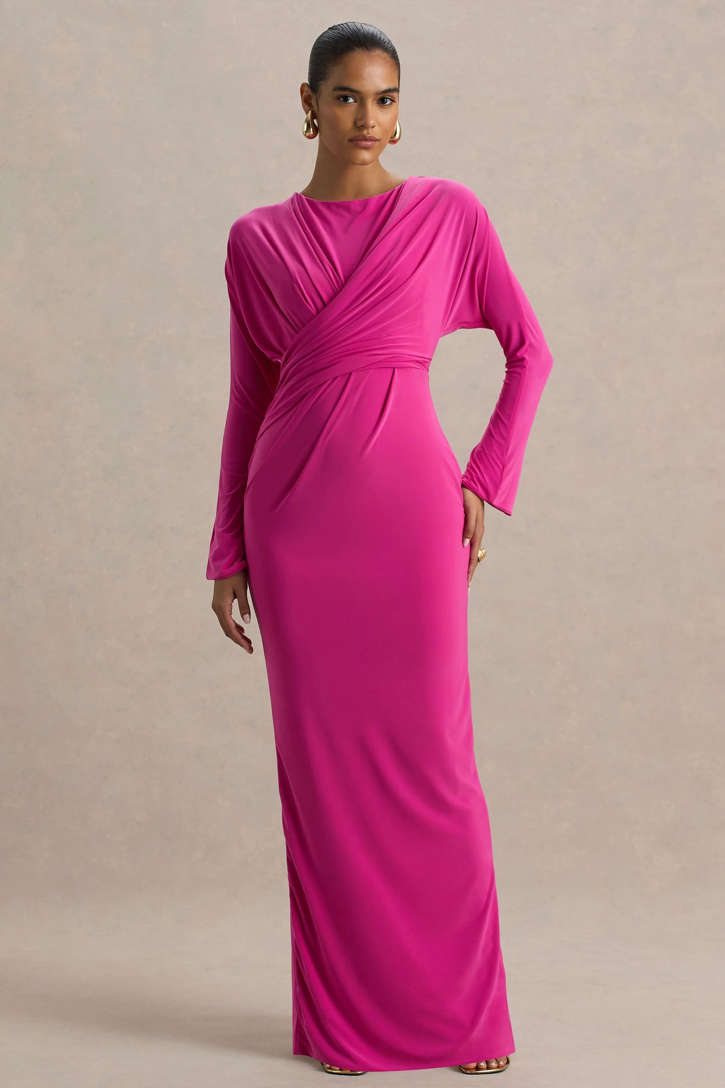 Regina Hot Pink High-Neck Draped Wrap Maxi Dress