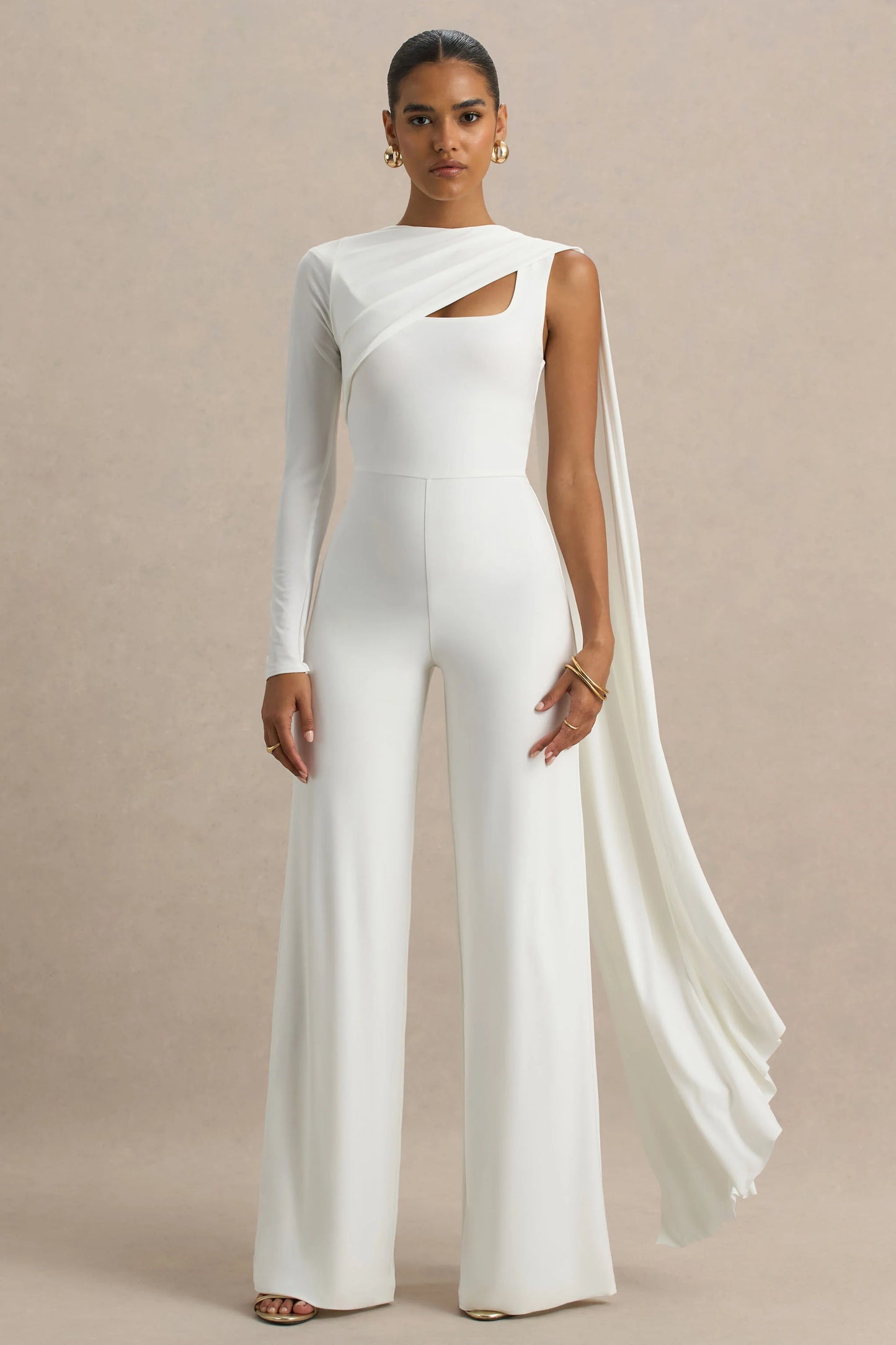 Graces White High-Neck Jumpsuit With Cape Sleeve