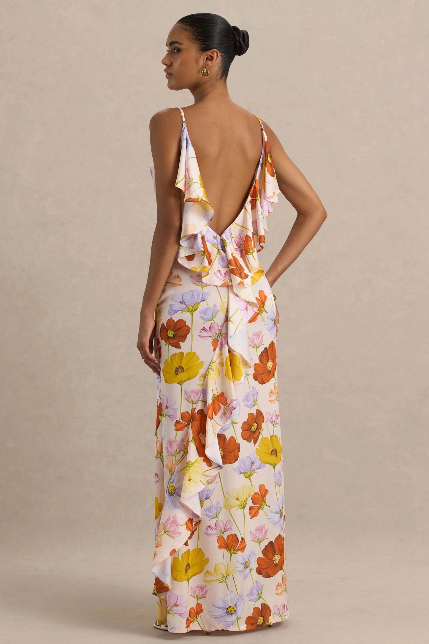Thames Bright Floral Print Satin Cowl-Neck Maxi Dress