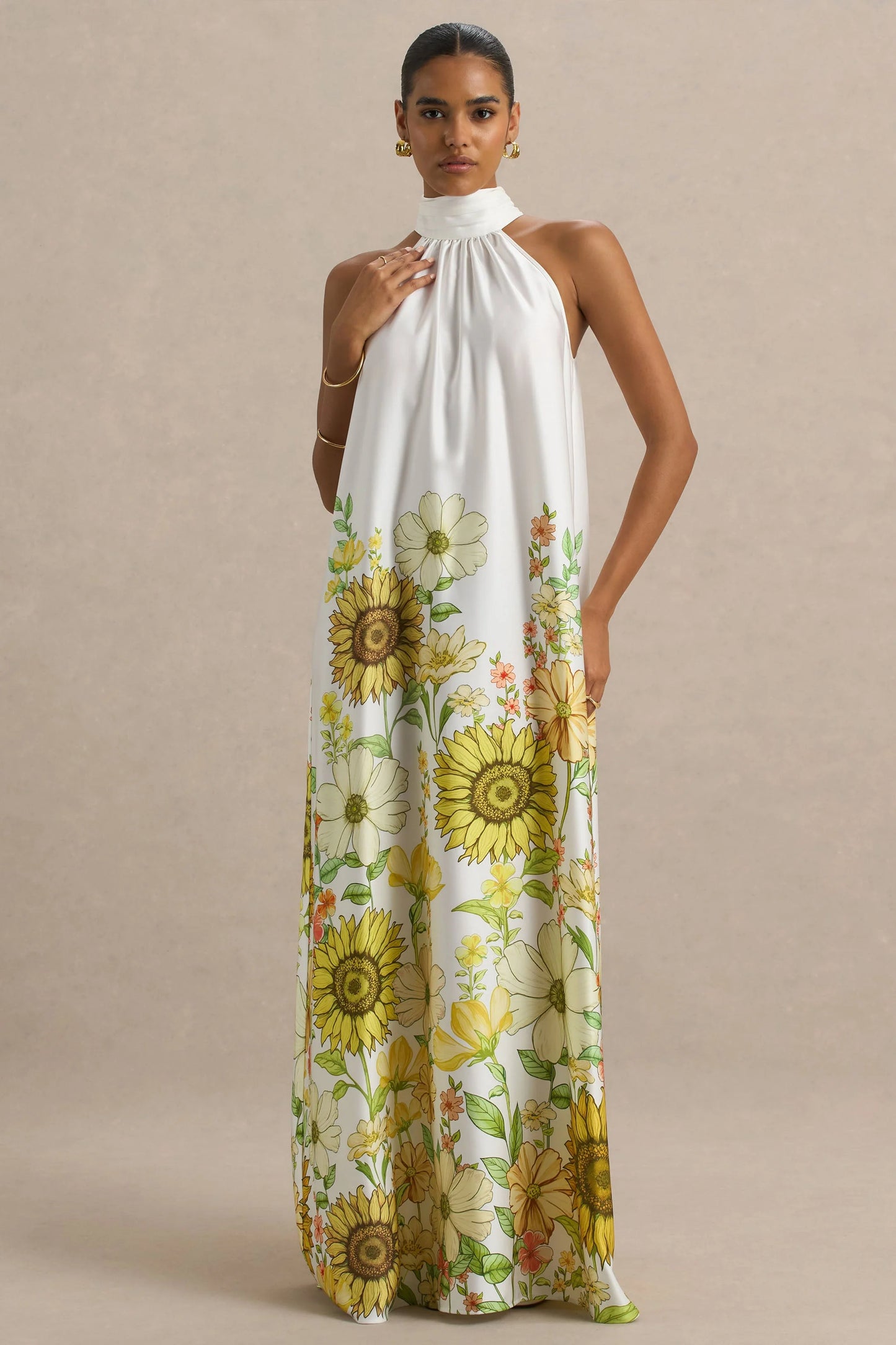 Glide Sunflower Print Satin High-Neck Slip Maxi Dress