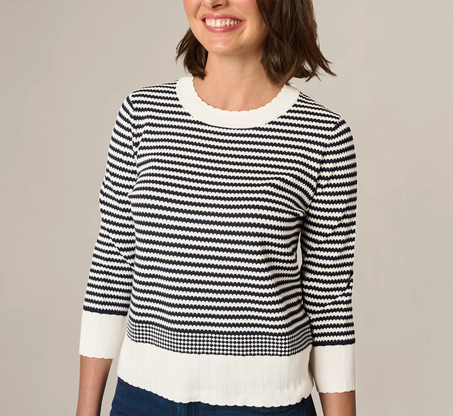Three Quarter Sleeve Stripe Knit Sweater Top In Ivory Navy