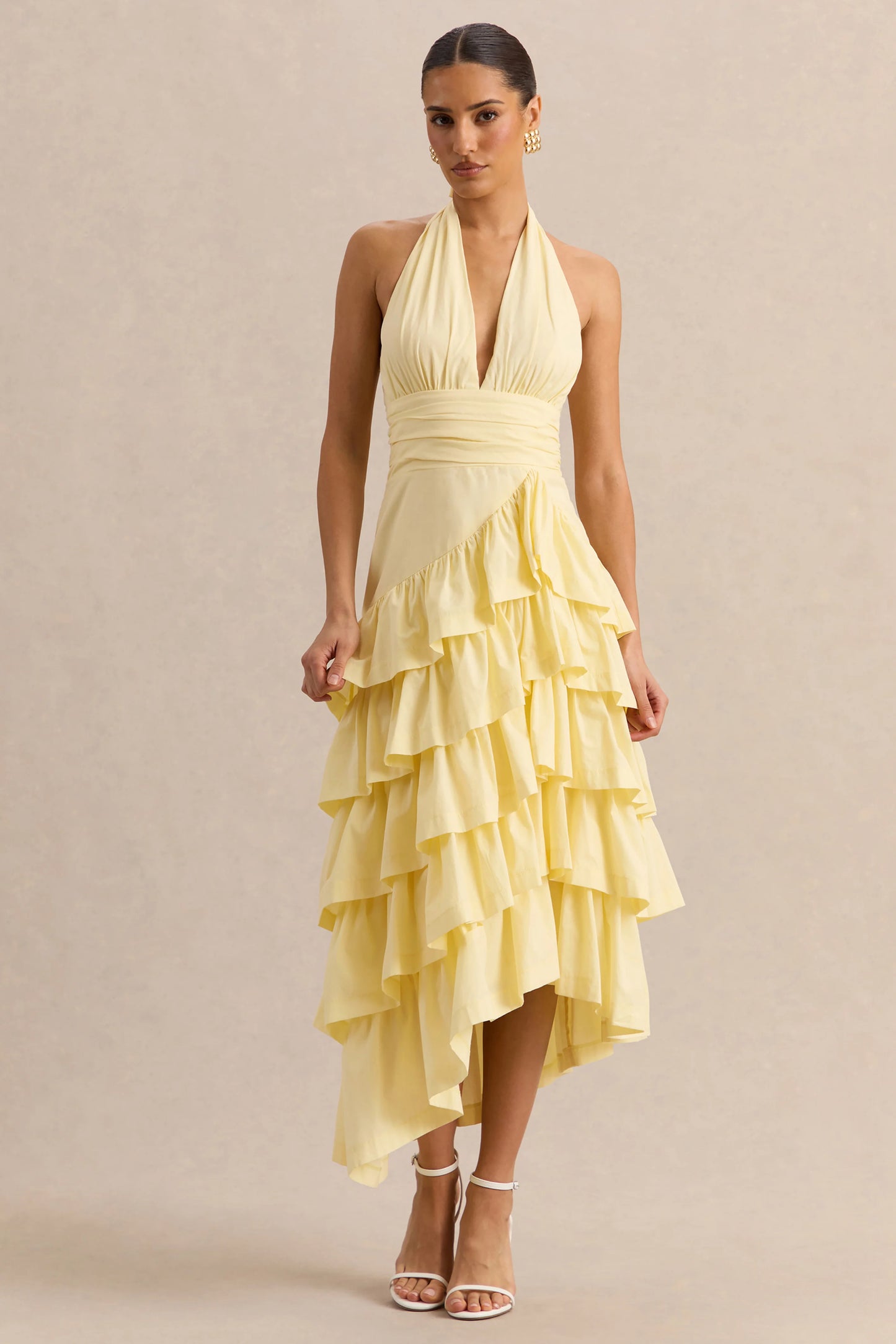 Velora Lemon Asymmetric Midi Dress With Tiered-Ruffled Skirt