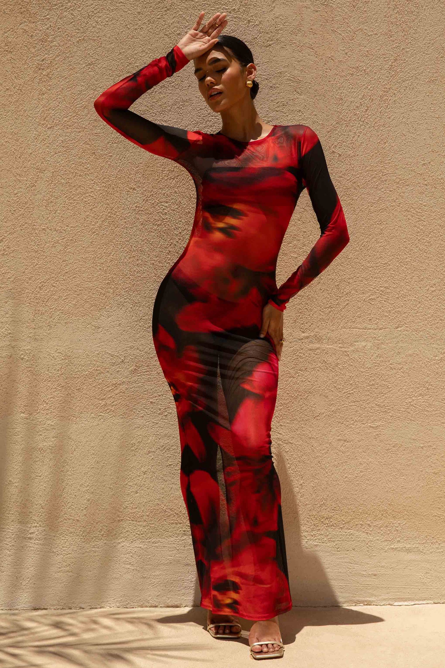 Marcy Red And Black Floral Print High-Neck Maxi Dress