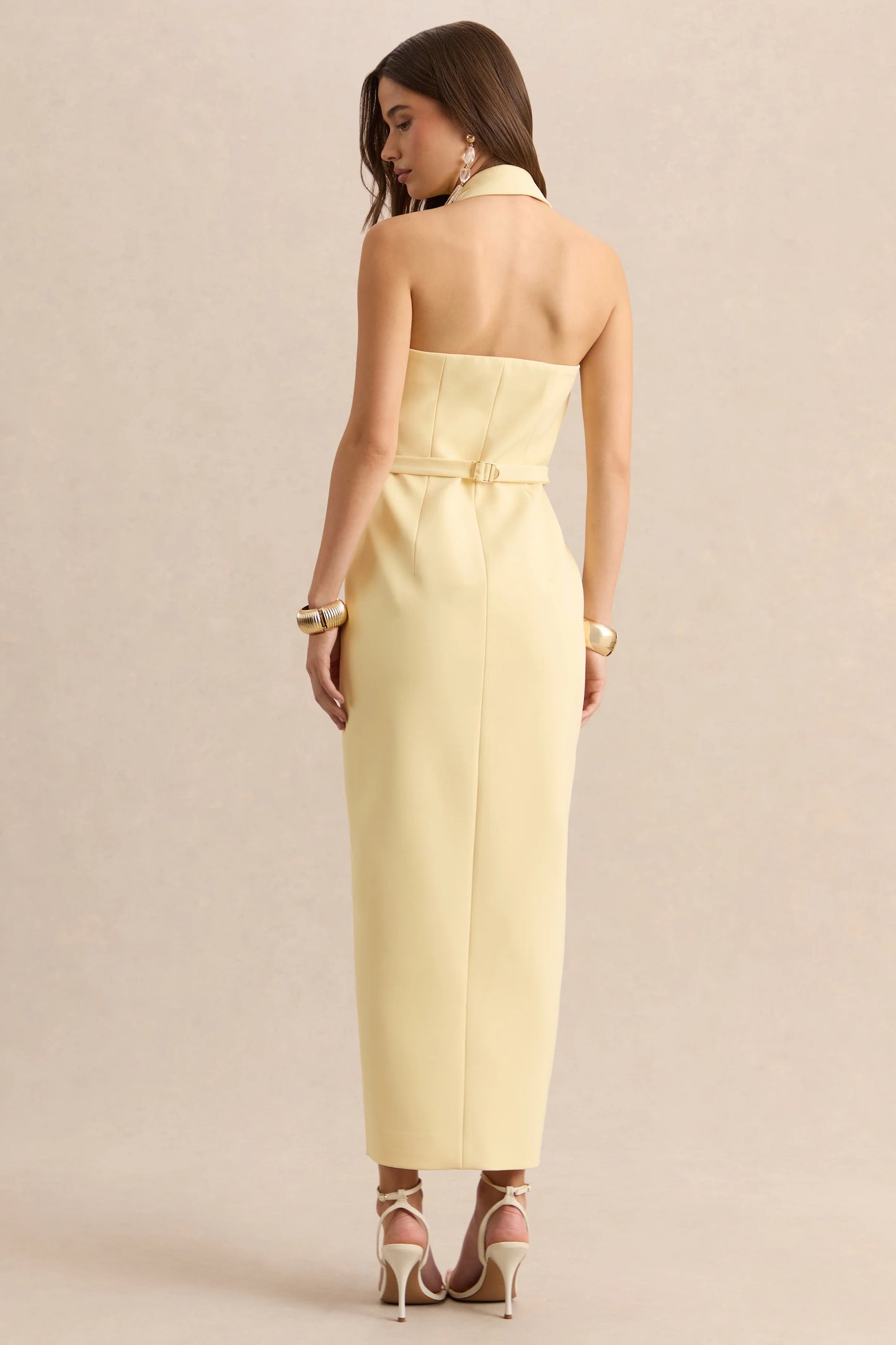 Hana Lemon Plunge-Neck Tailored Maxi Dress