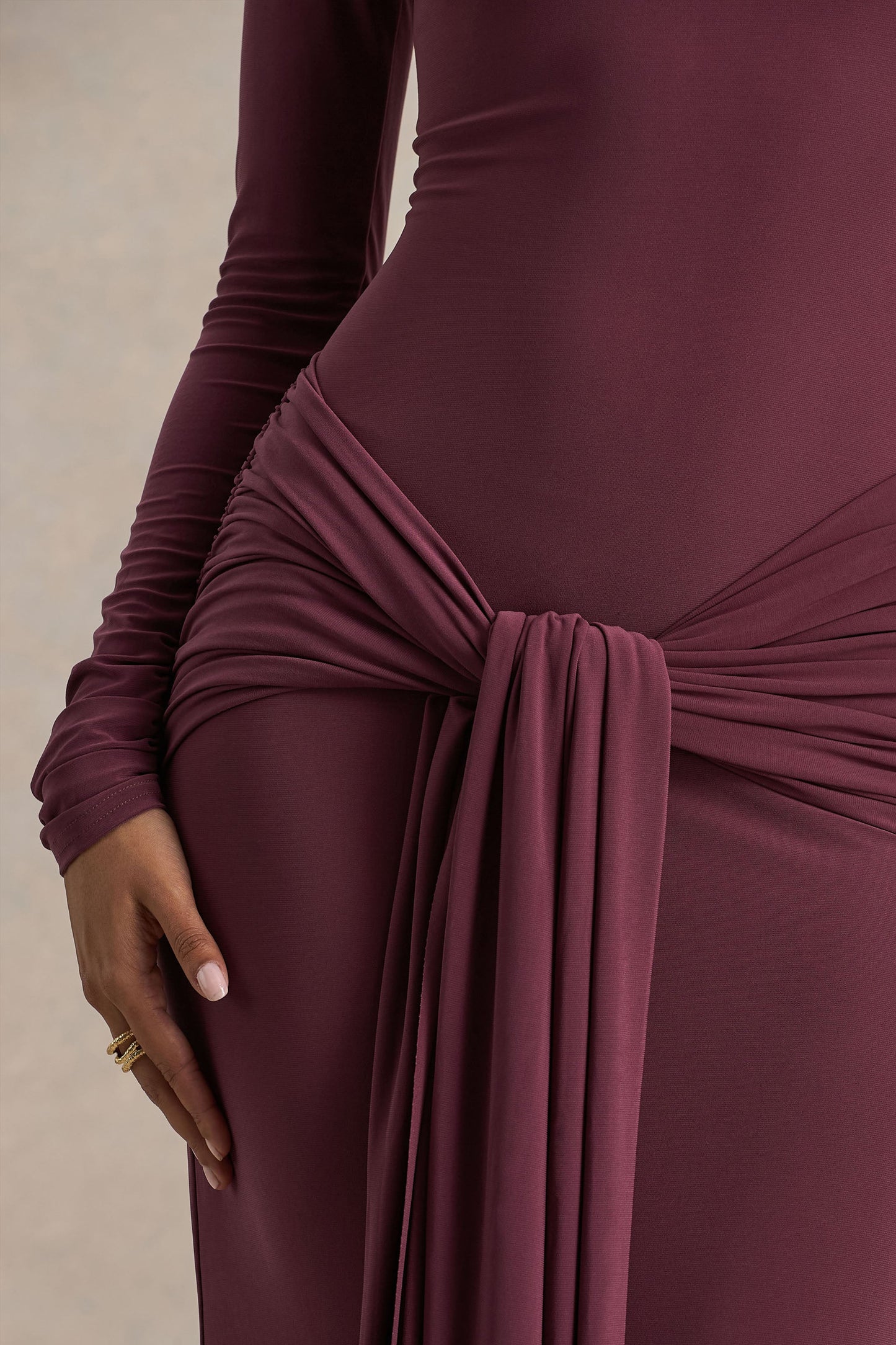 Myra Burgundy High-Neck Maxi Dress With Sash and Ruched Detailing