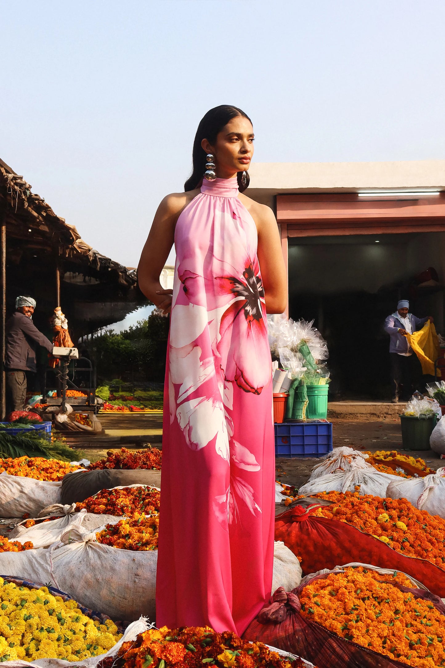 Leia Pink Lily Print High-Neck Maxi Dress