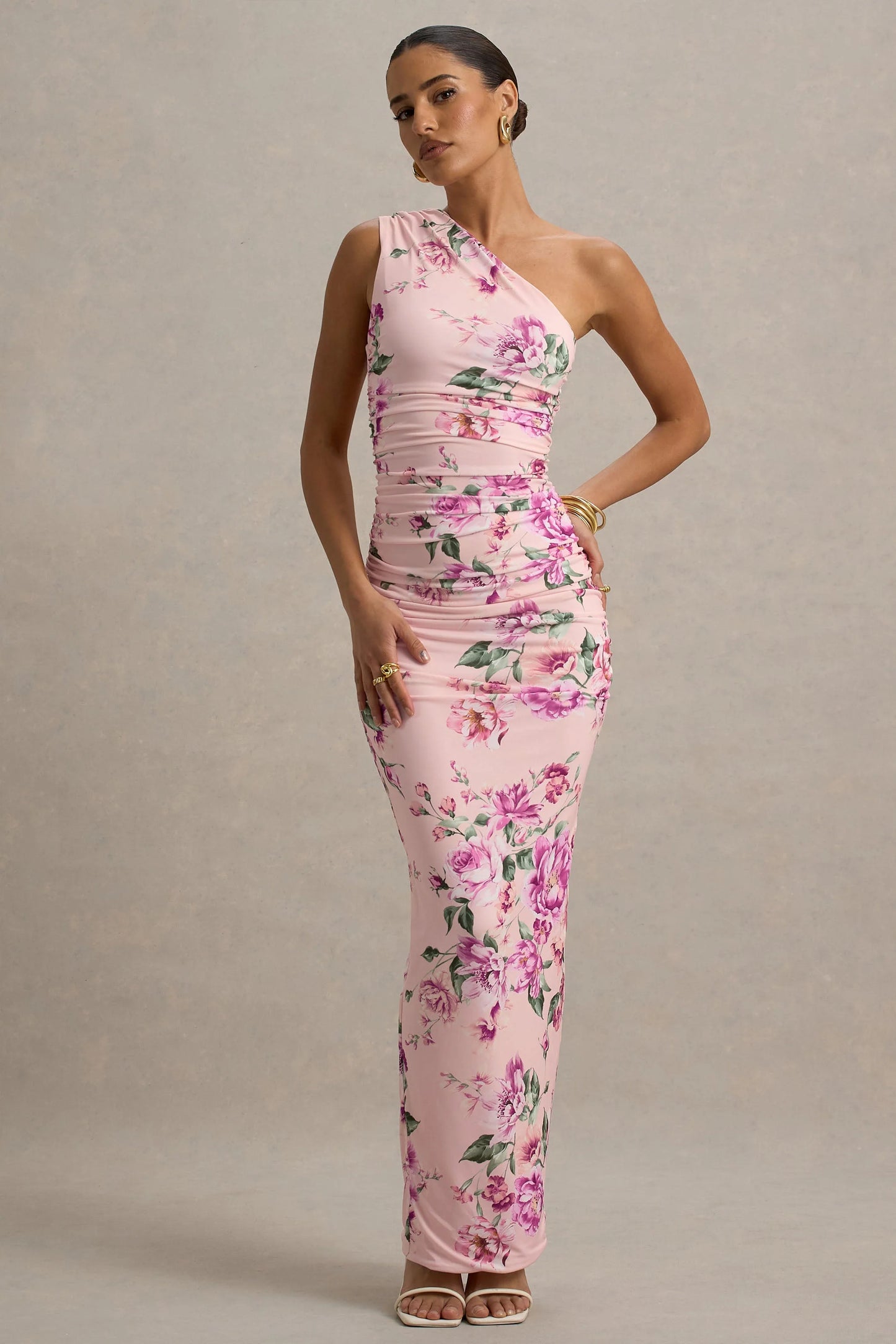 Dalarie Pink Floral Print One-Shoulder Gathered Maxi Dress