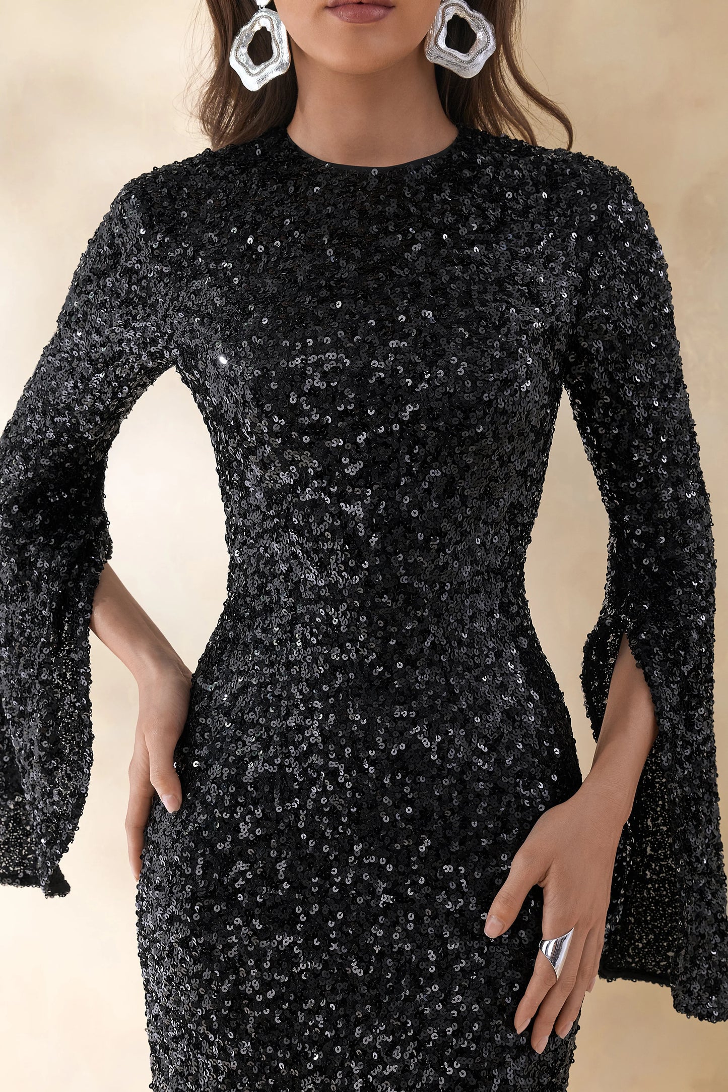 Romea Black Sequin High-Neck Maxi Dress With Cape Sleeves