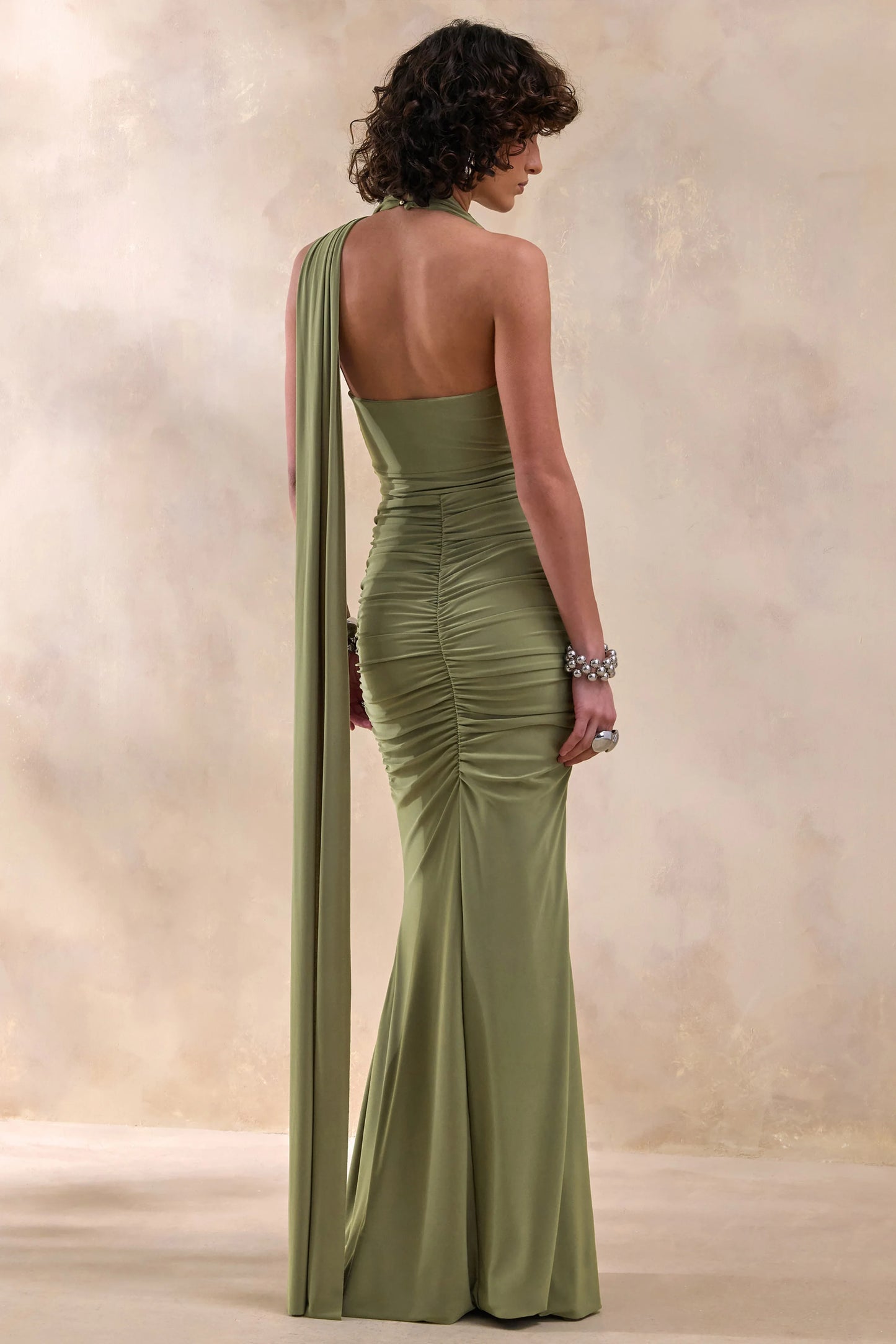 Roselani Olive Halter-Neck Maxi Dress With Open-Back