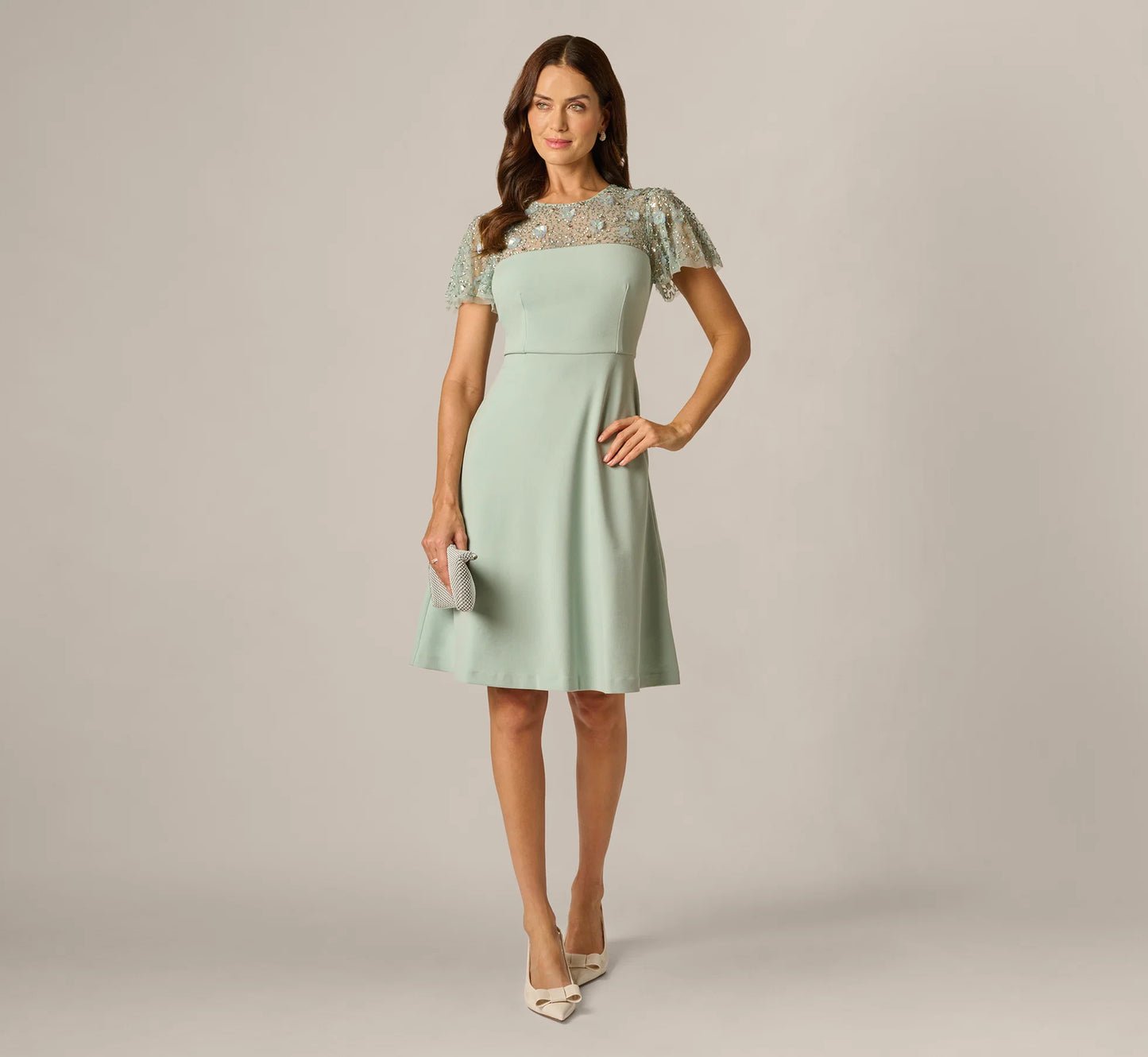 Flutter Sleeve Beaded Illusion Short Dress In Icy Sage