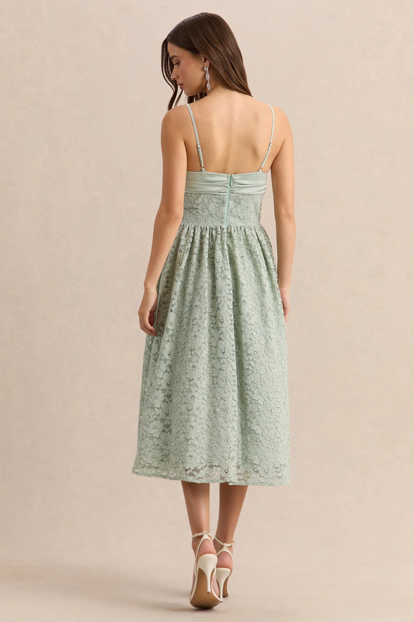 Gloriana Sage Lace Sweetheart-Neck Midi Dress