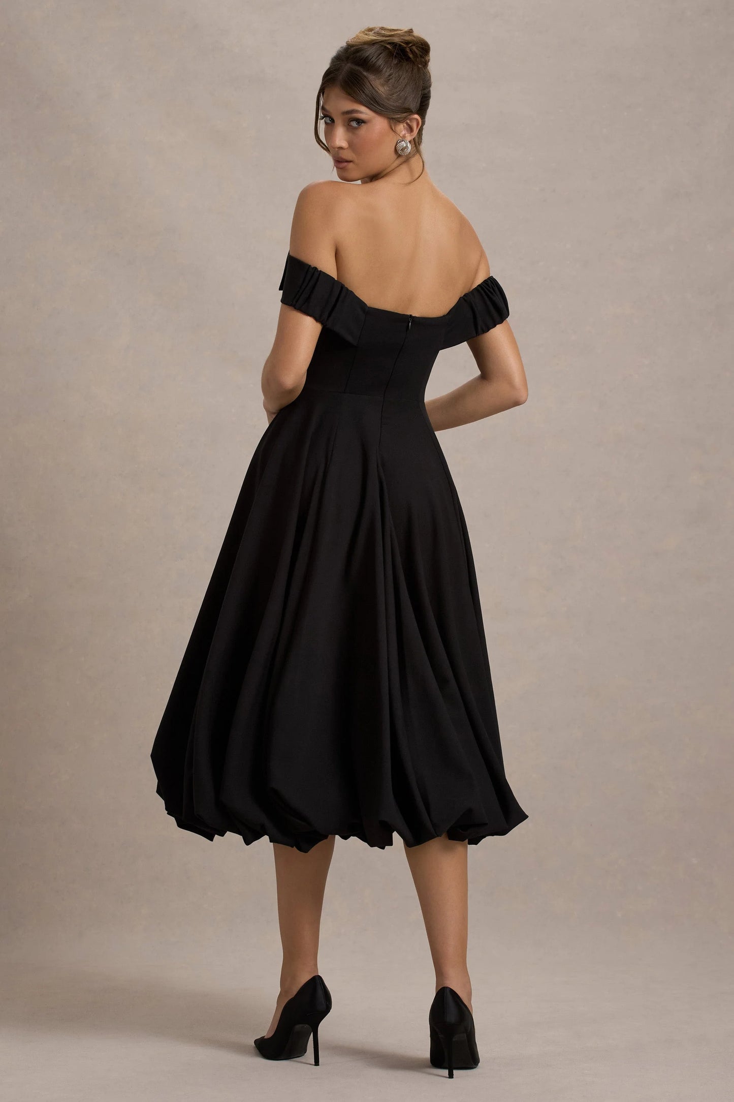 Calliopia Black Bow Bardot Midi Dress With Puff-Ball Skirt