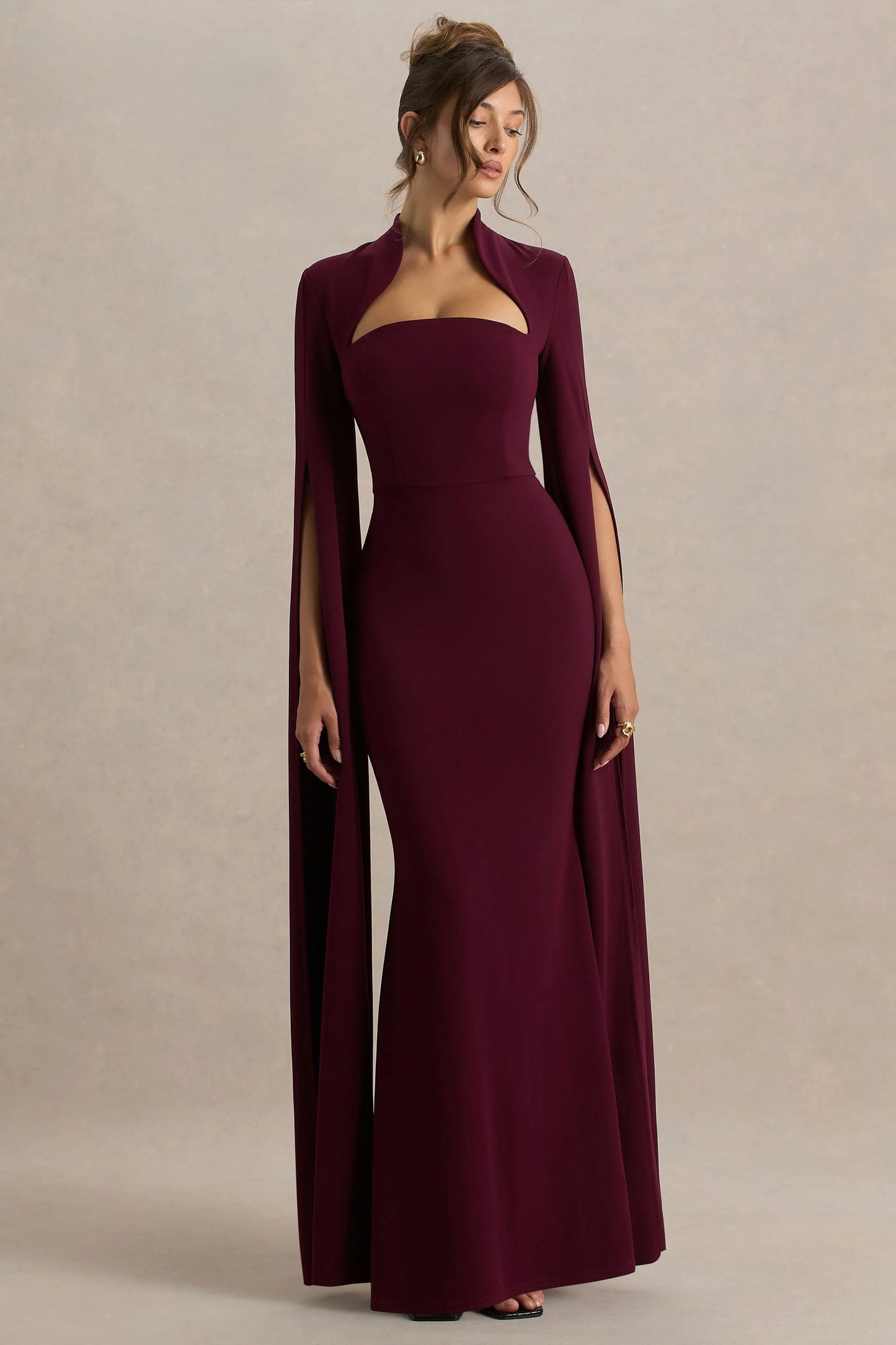 Esme Burgundy Square-Neck Maxi Dress With Cape Sleeves