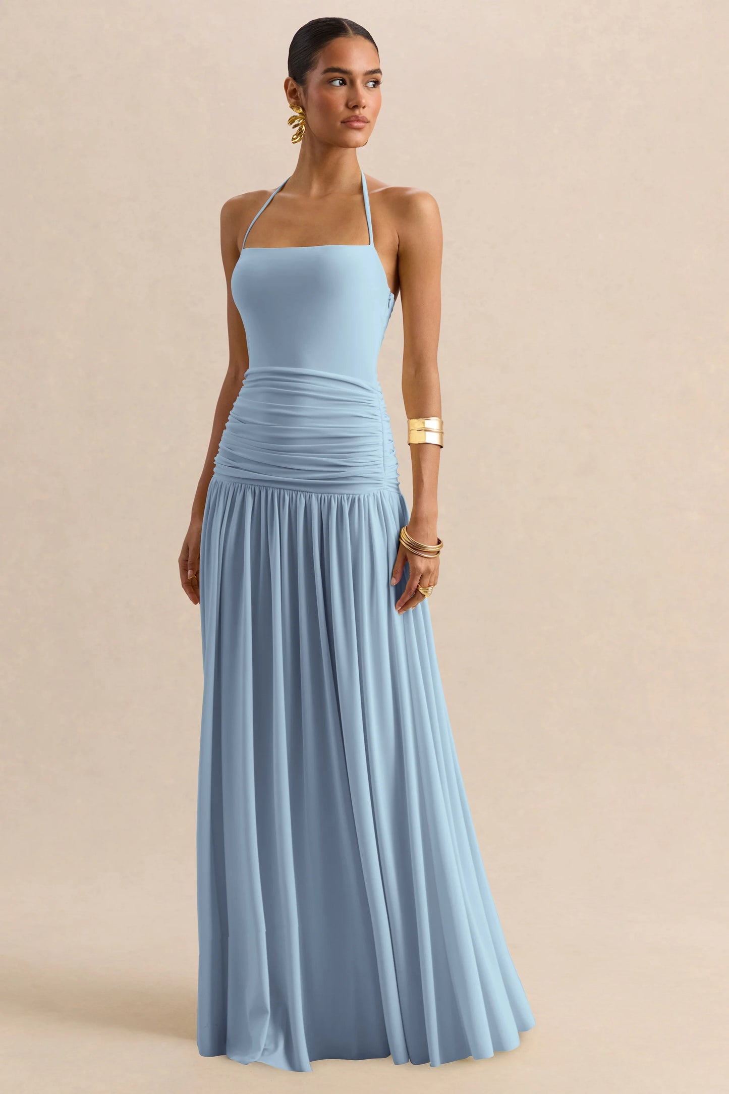 Nicolette Powder Blue Square-Neck Maxi Dress With Ruched-Detailing