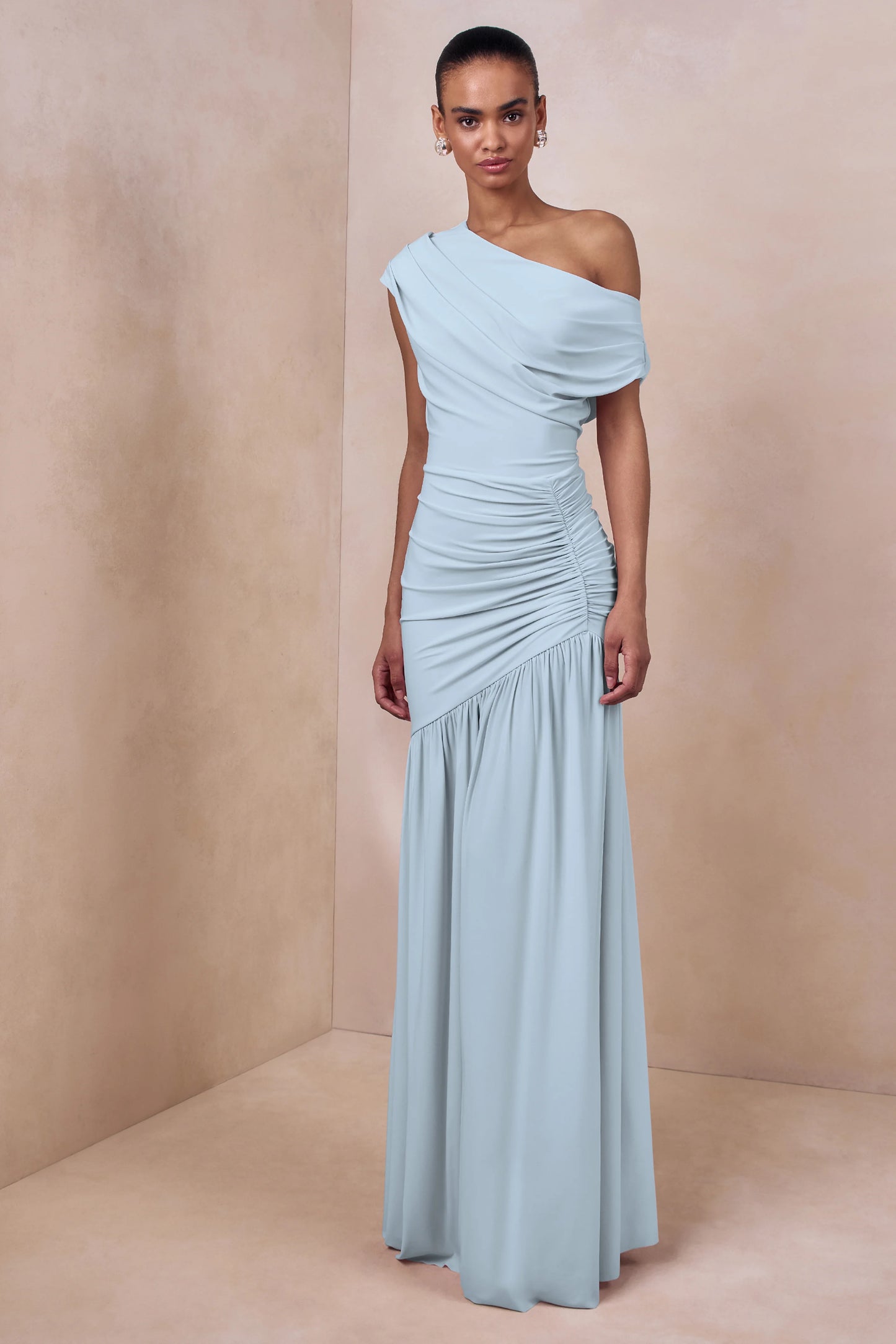 Kady Powder Blue Asymmetric-Neck Maxi Dress With Ruched Detailing