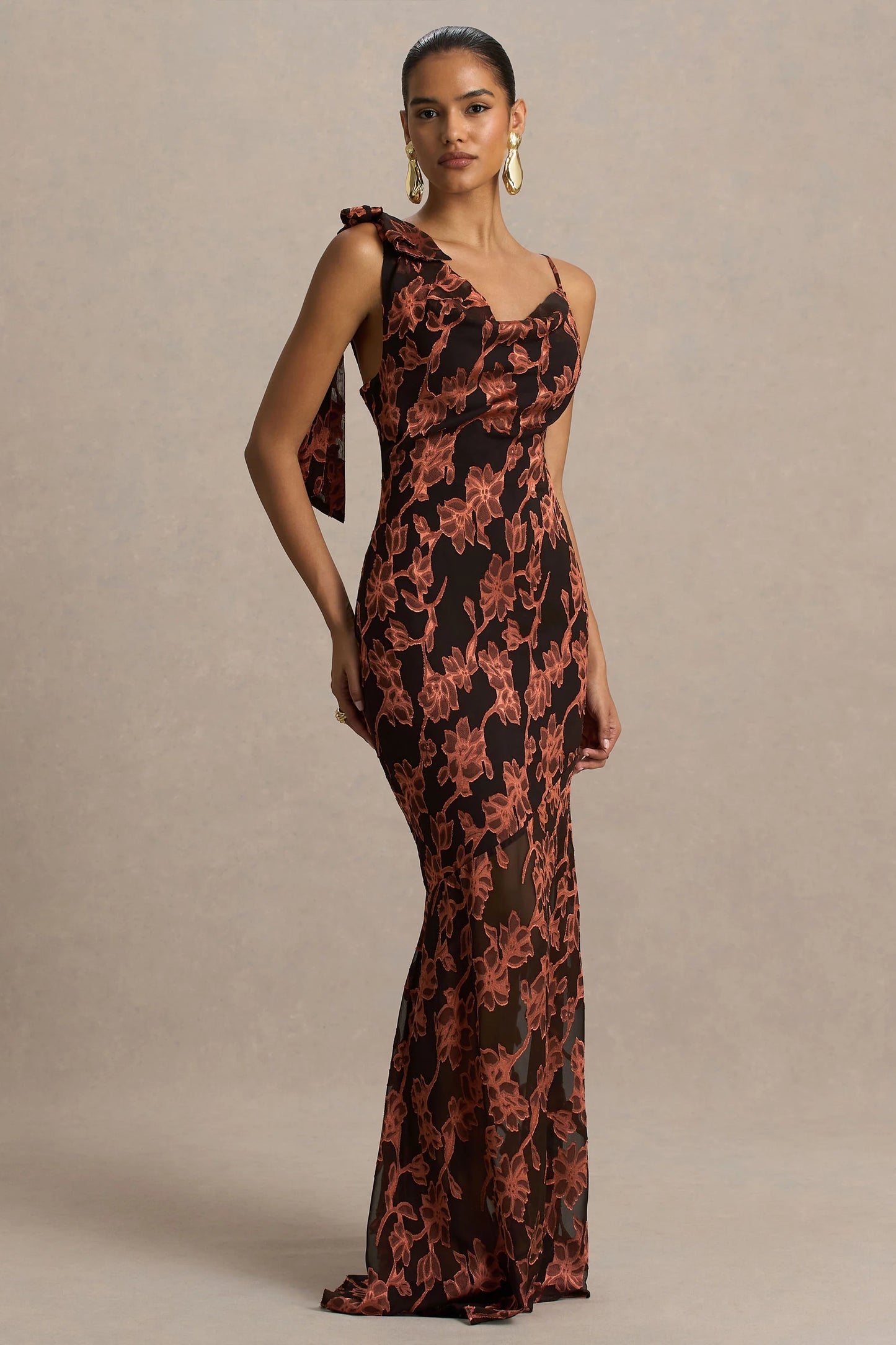 Mar Black And Rust Cowl-Neck Maxi Dress With Bow Detail