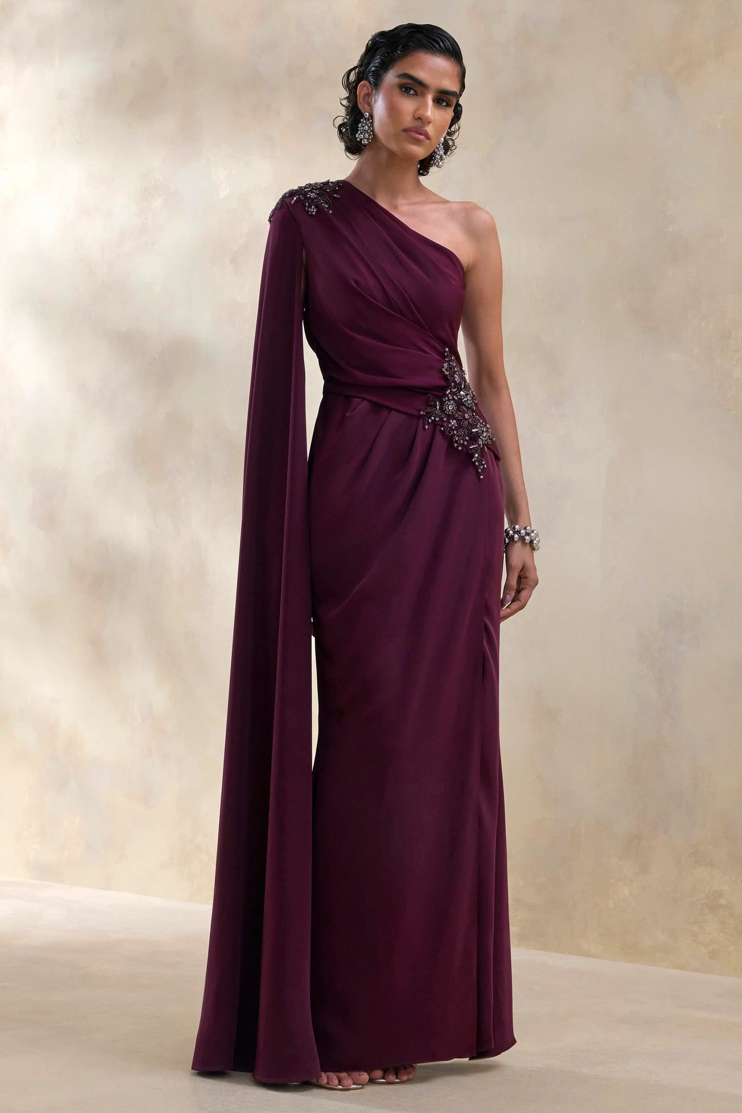 Solace Dark Plum Asymmetric-Neck Maxi Dress With Front-High Split