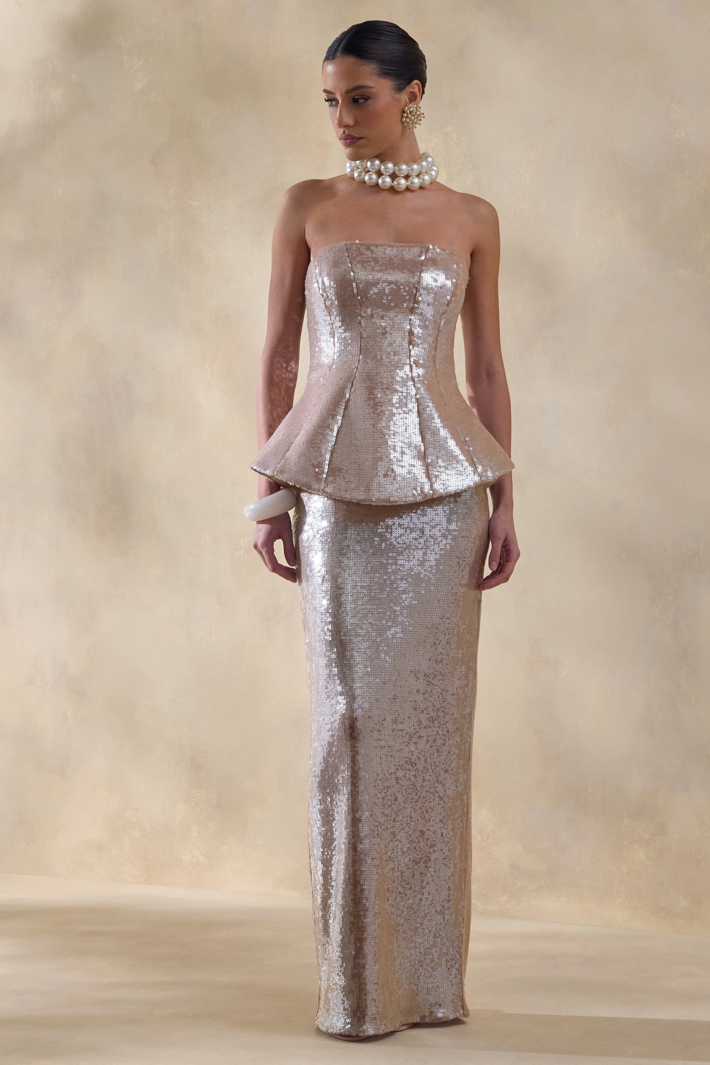 Dalisse Nude Sequin Bandeau Corset Maxi Dress