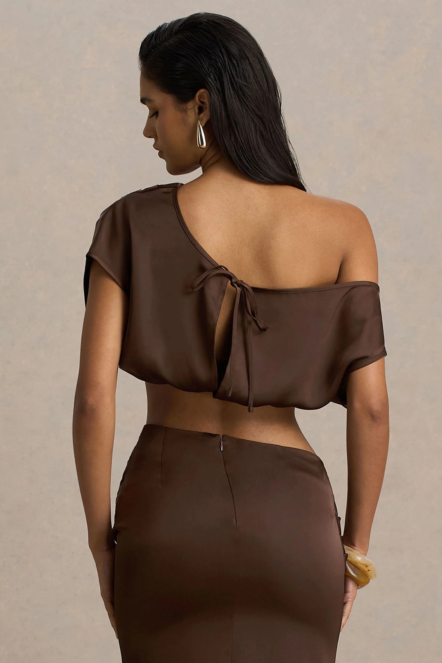 Entrapment Brown Satin Boat-Neck Crop-Top With Ruched Detailing