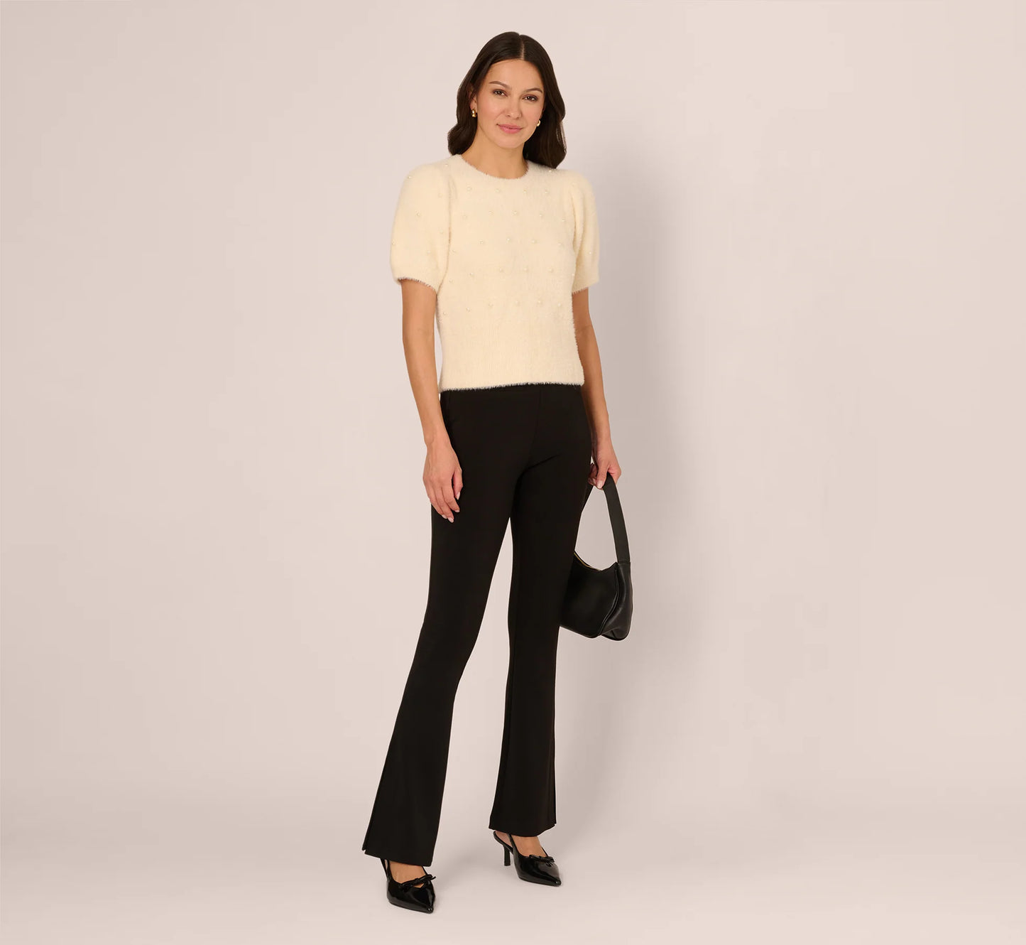Short Sleeve Pearly Fuzzy Sweater In Cream