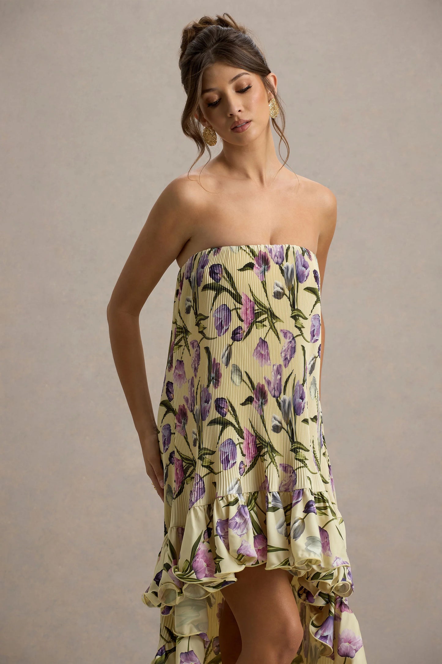 Whistler Tulip Floral Print Chiffon Bandeau High-Low Ruffled Maxi Dress