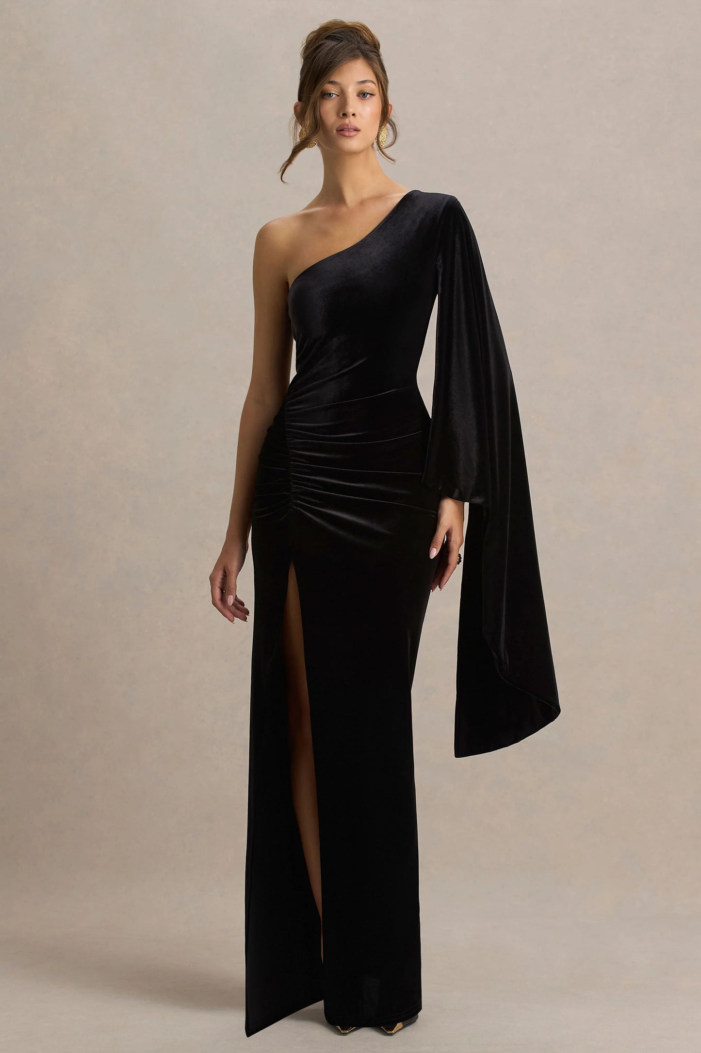 Camilla Black Velvet Asymmetric-Neck Maxi Dress With Ruched Detailing