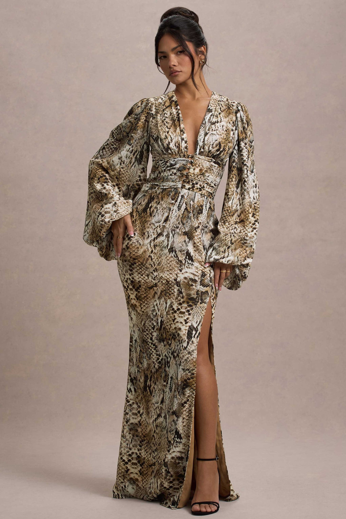 Casarile Snake Print V-Neck Balloon Sleeve Maxi Dress