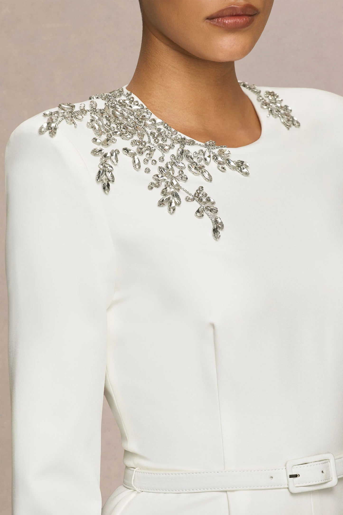 Prize Cream Crew-Neck Jumpsuit With Embellishment Detail