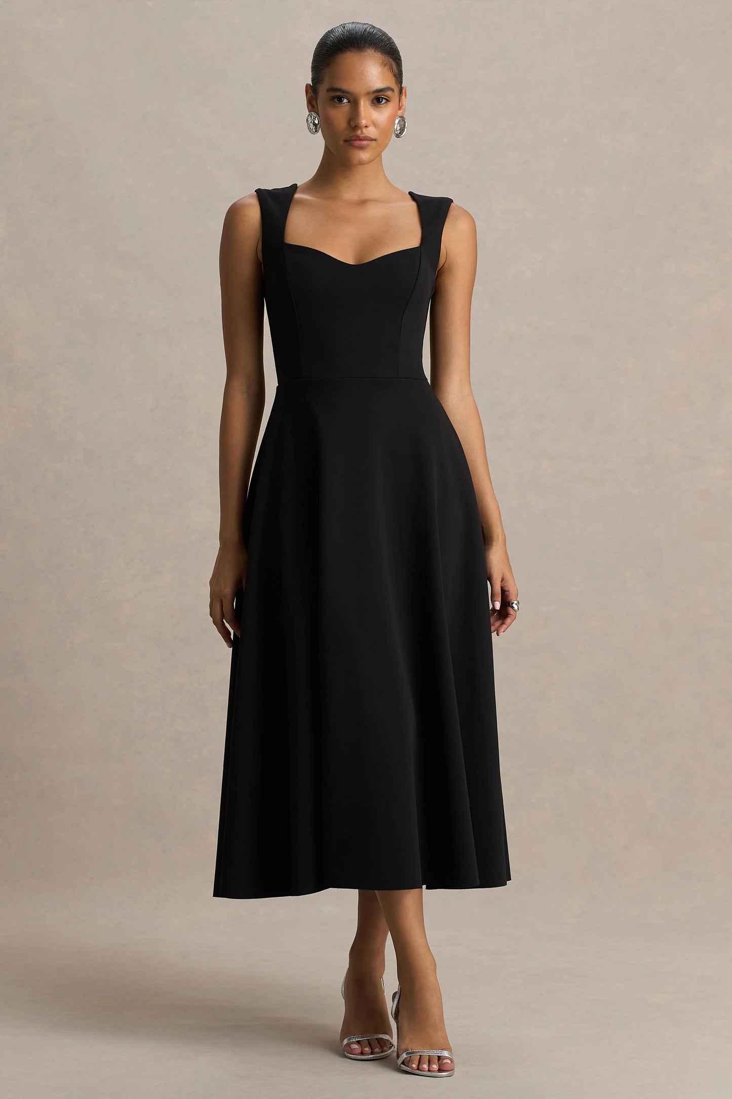 Andromeda Black Sweetheart-Neck Midi Dress