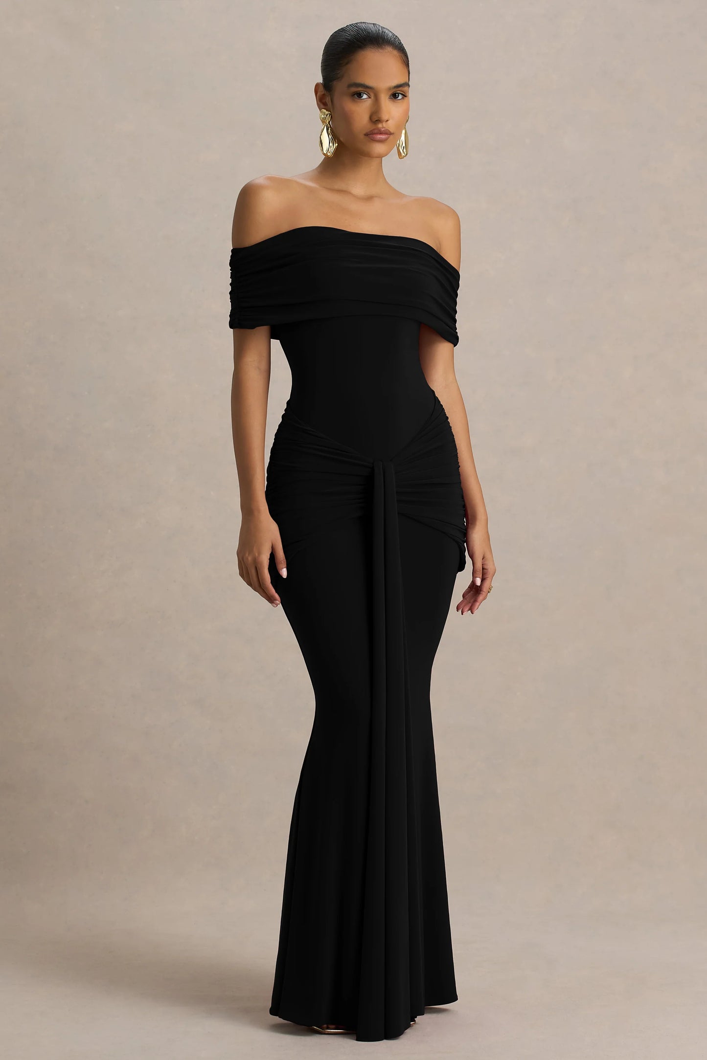 Envisioned Black Bardot-Neck Maxi Dress With Gathered And Drape Detail