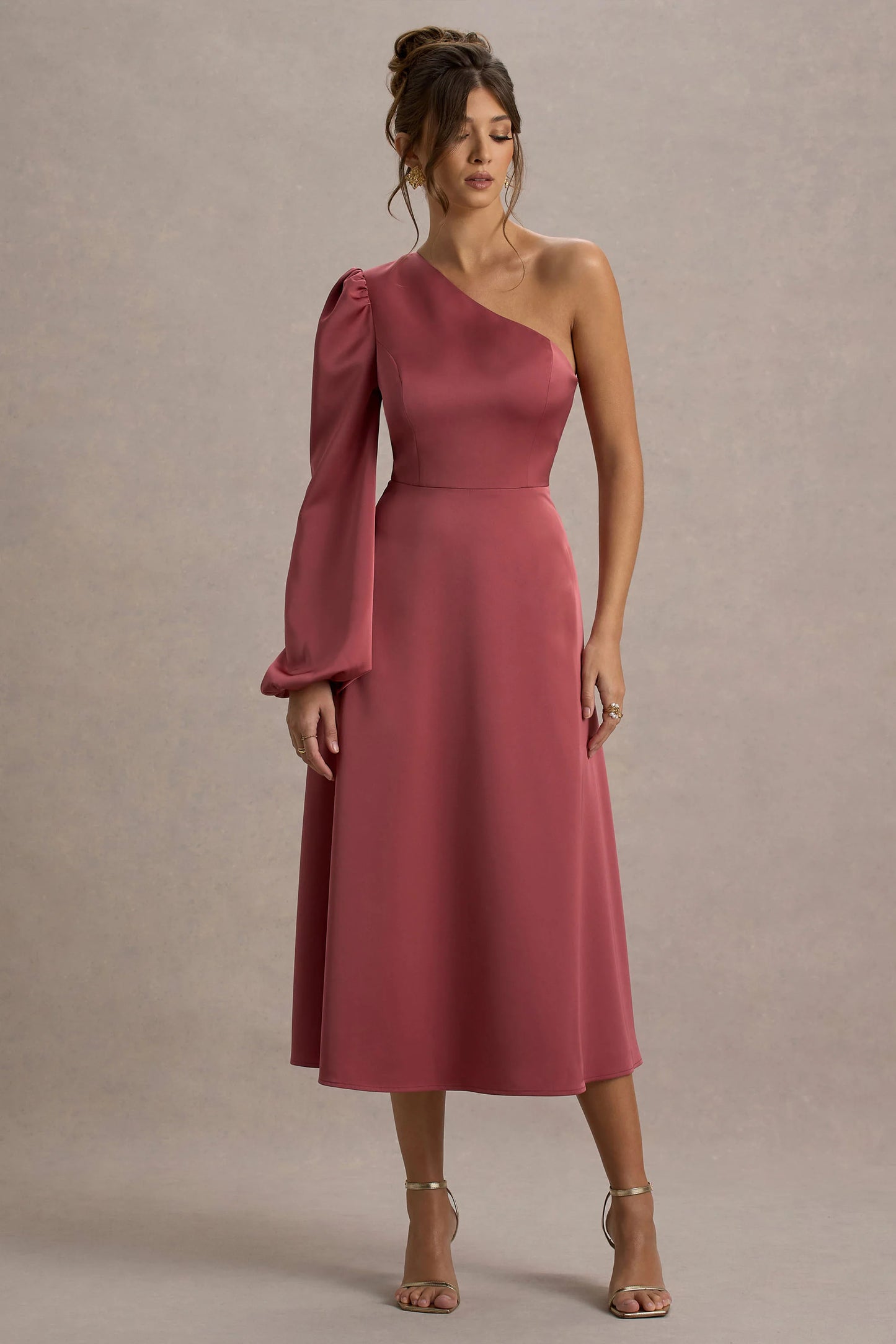 Haila Rose Pink Satin One-Shoulder Midi Dress